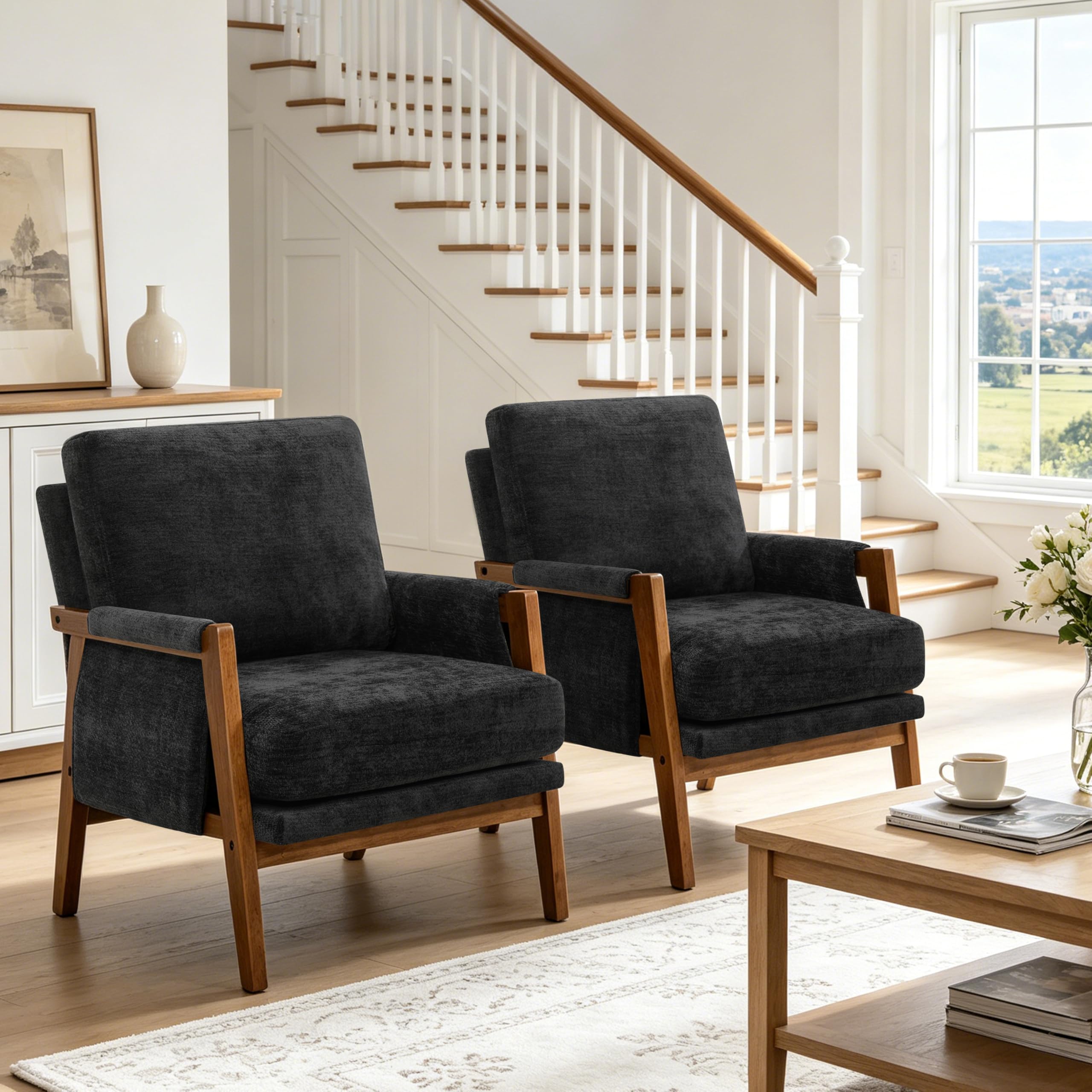 Mid Century Dark Brown Fabric Wood Frame Accent Chair