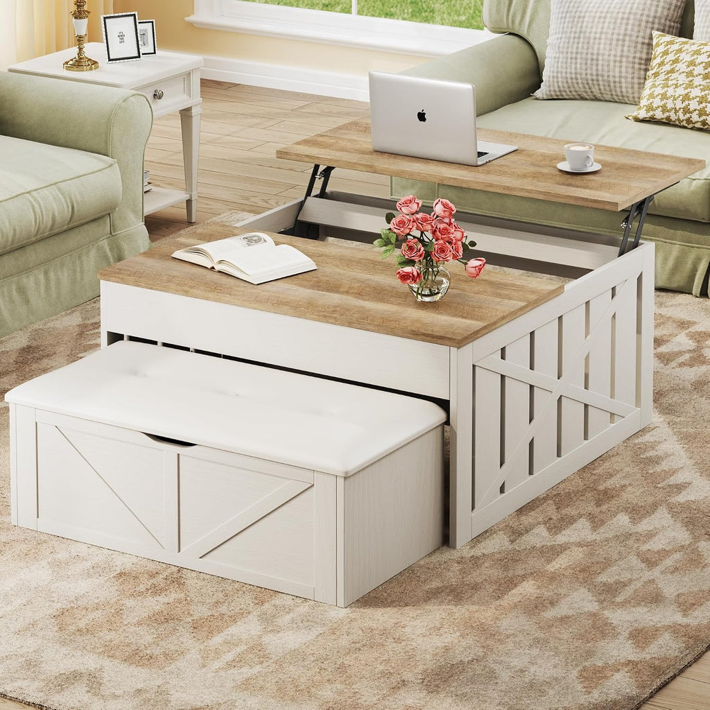 White Farmhouse Lift Top Storage Coffee Table Set
