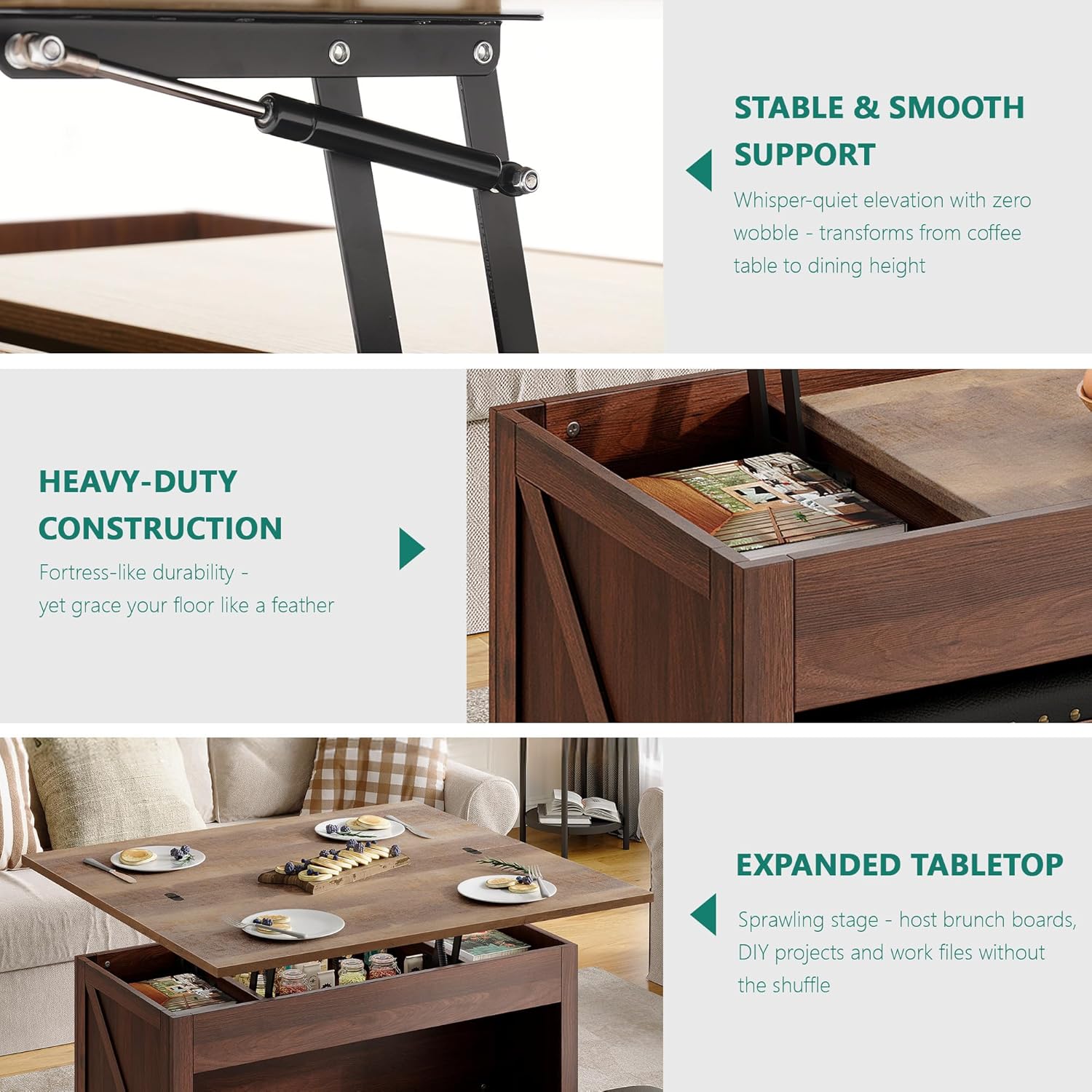 Walnut Convertible Lift Top Storage Coffee Table Set