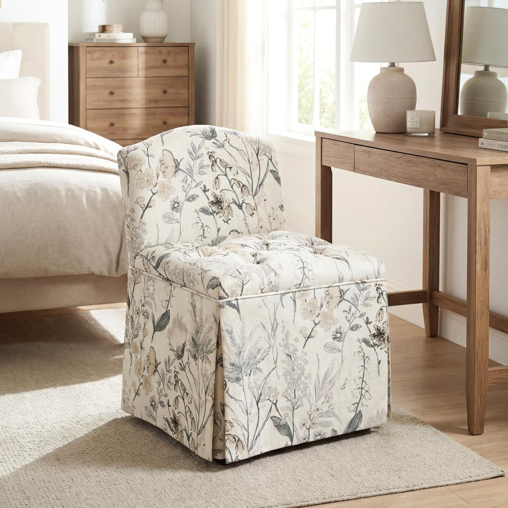 Skirted Tufted Rolling Floral Vanity Accent Chair