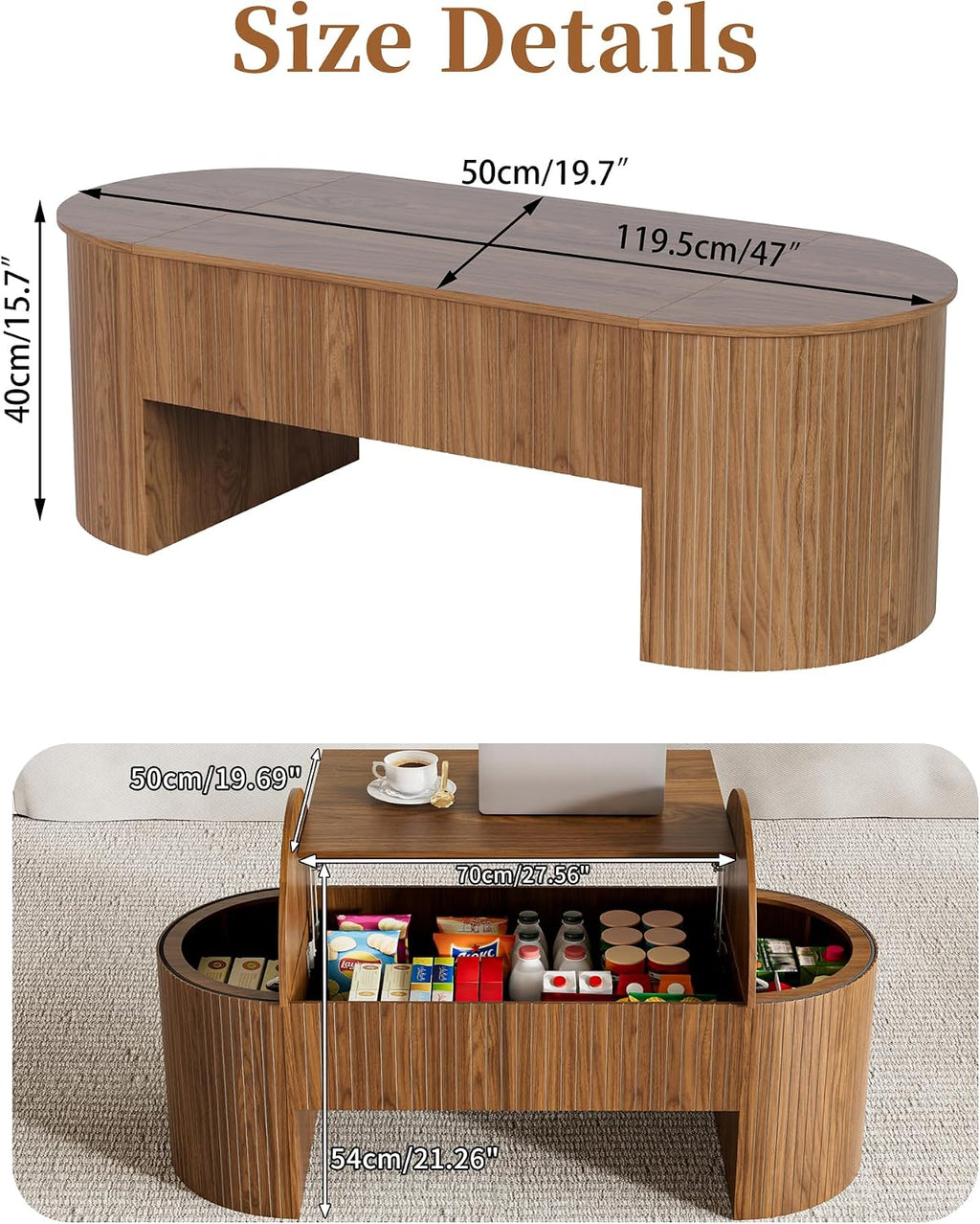 Walnut Oval Lift Top Hidden Storage Coffee Table
