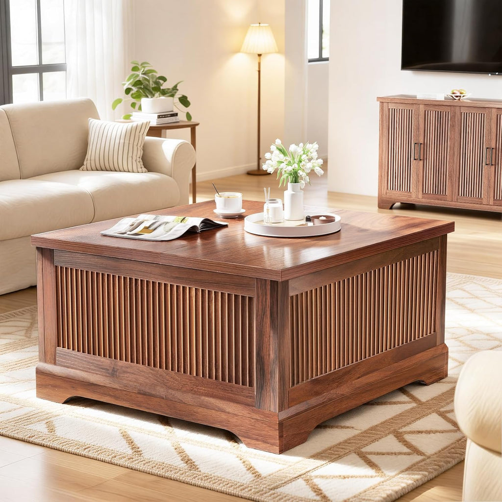 Walnut Fluted Square Lift Top Storage Coffee Table