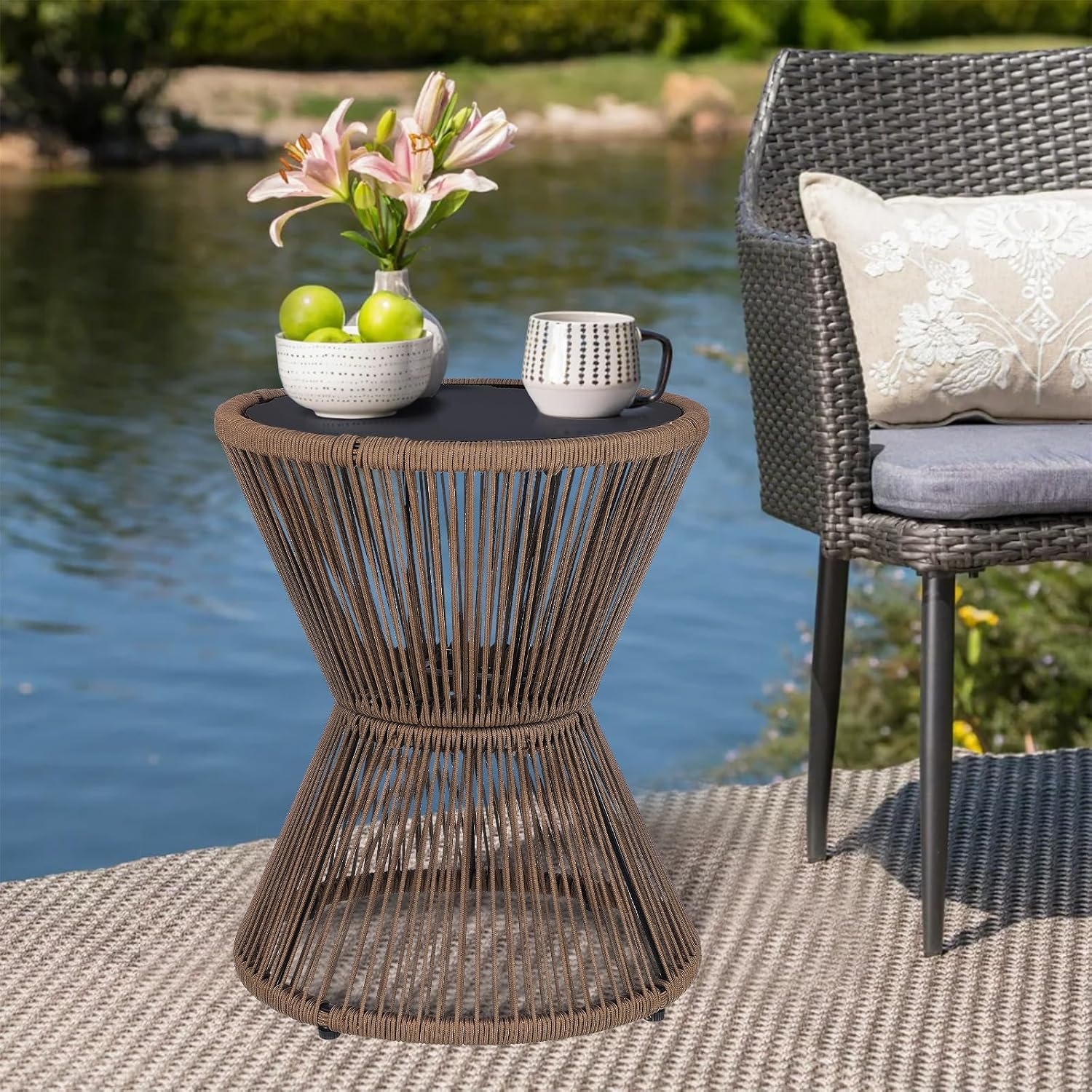 Woven Rope Hourglass Brown Glass Side Table