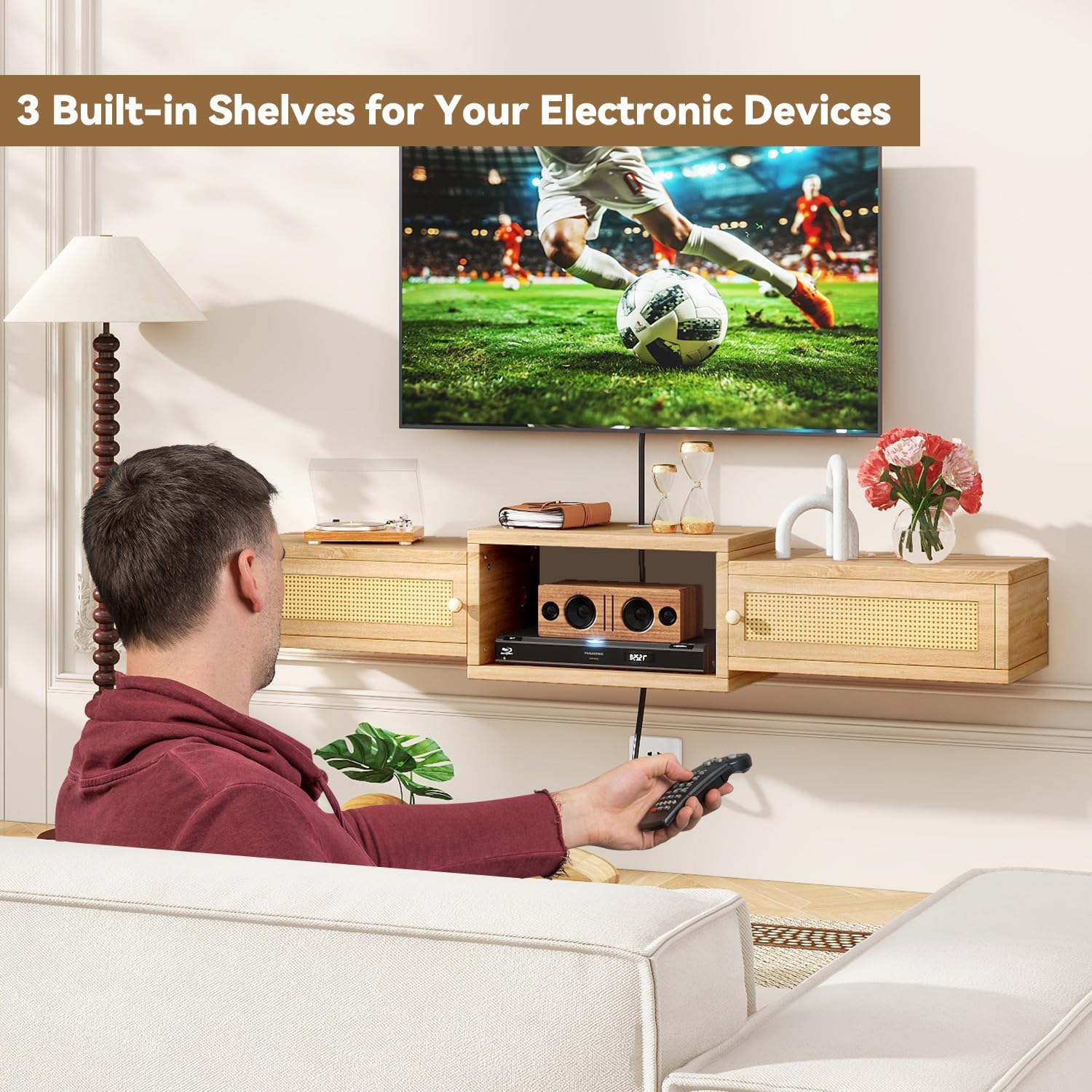 Natural Rattan Floating Storage TV Stand