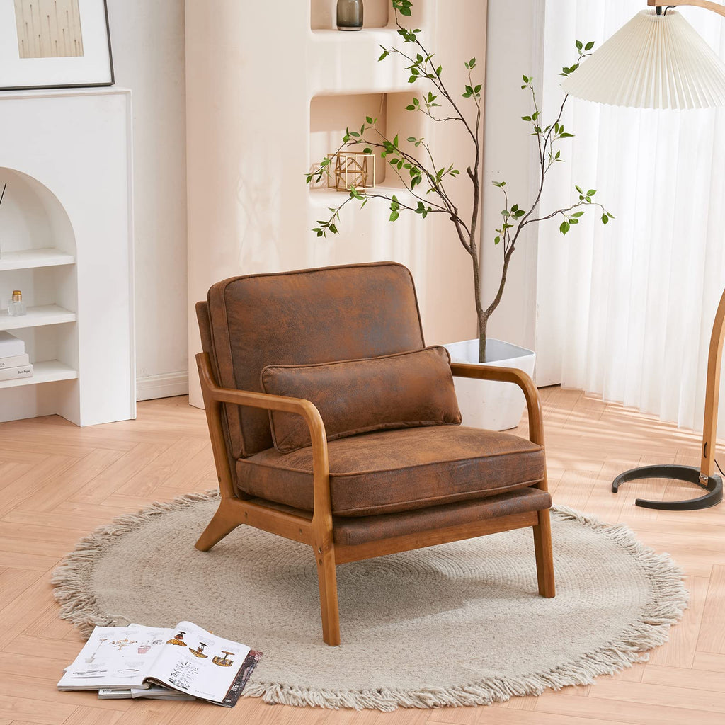 Mid Century Beige Linen Wood Frame Accent Chair