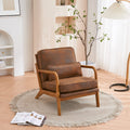 Mid Century Beige Linen Wood Frame Accent Chair
