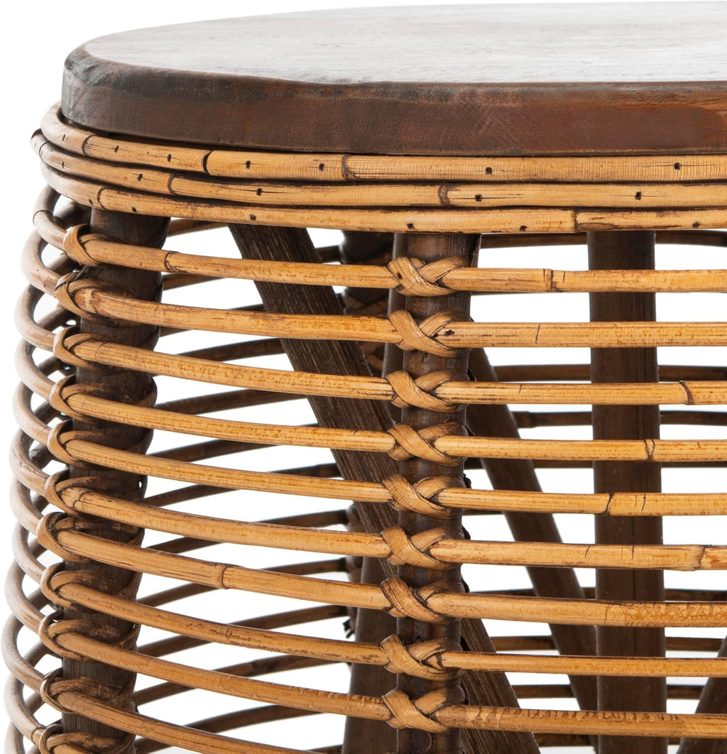 Honey Teak Wash Woven Rattan Drum Table