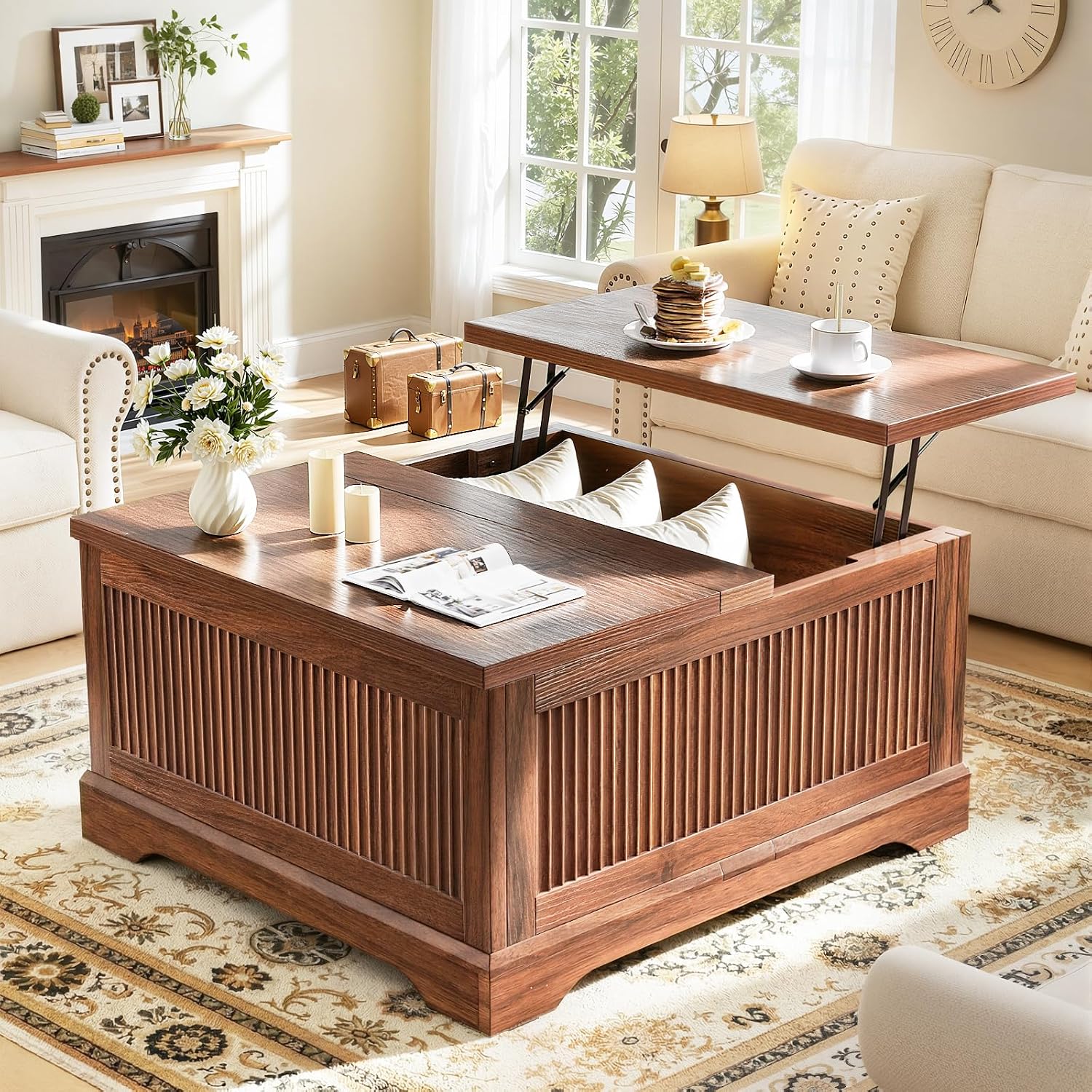 Walnut Fluted Square Lift Top Storage Coffee Table