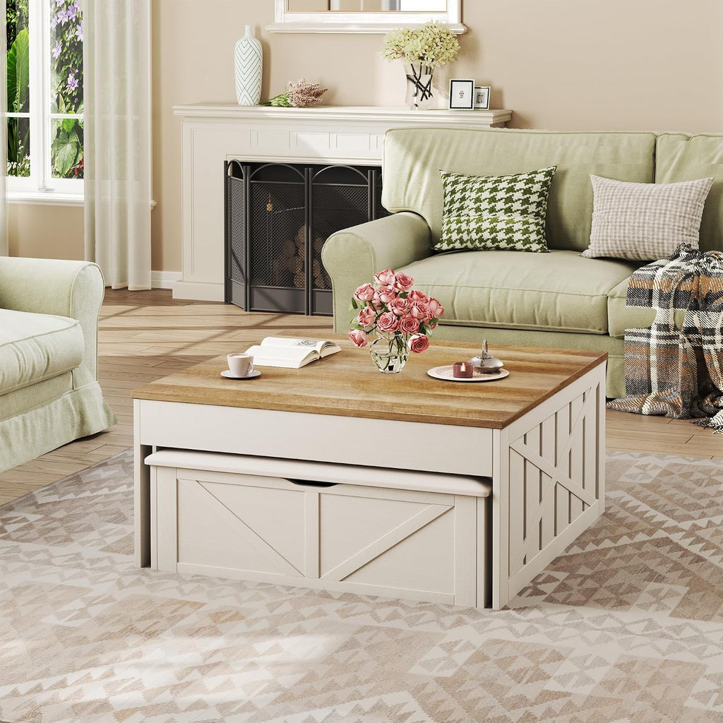 White Farmhouse Lift Top Storage Coffee Table Set