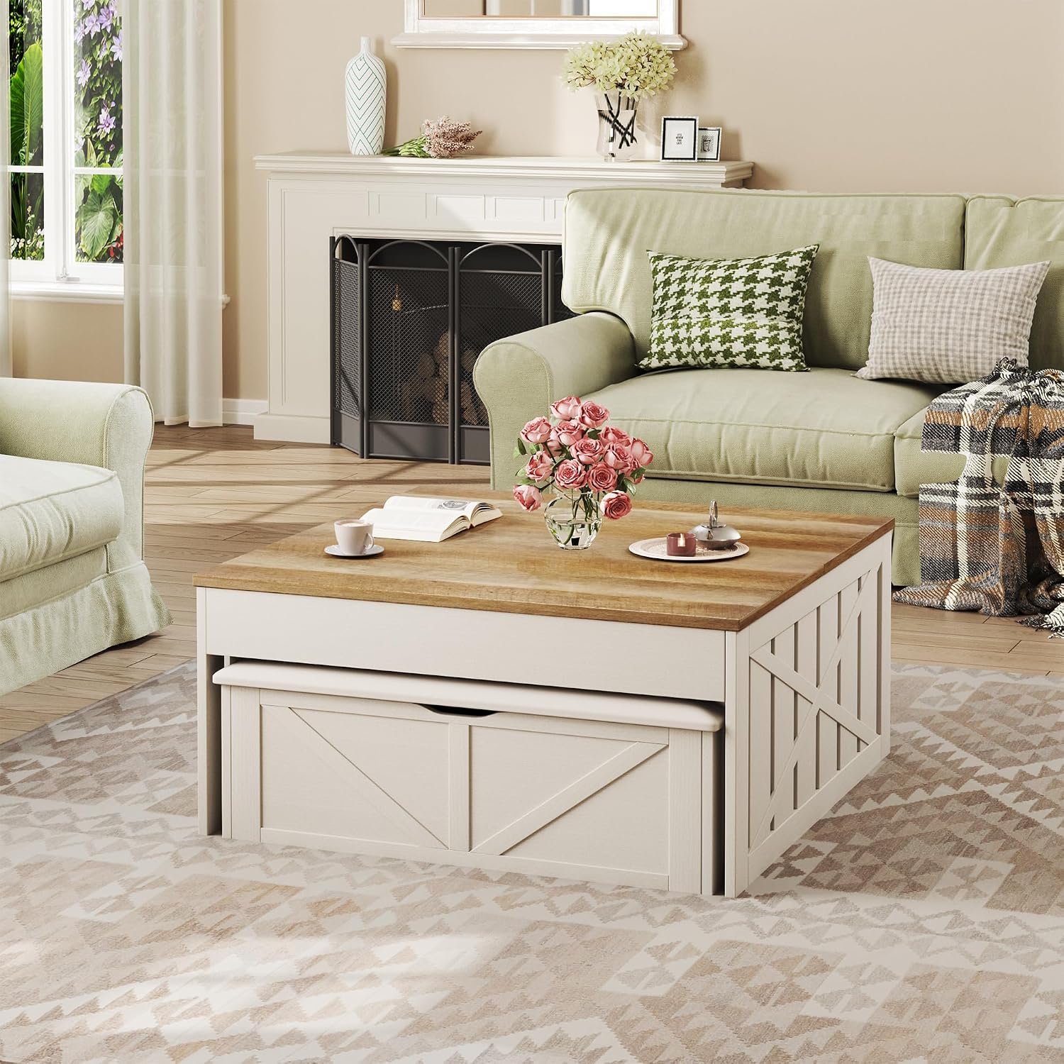 White Farmhouse Lift Top Storage Coffee Table Set