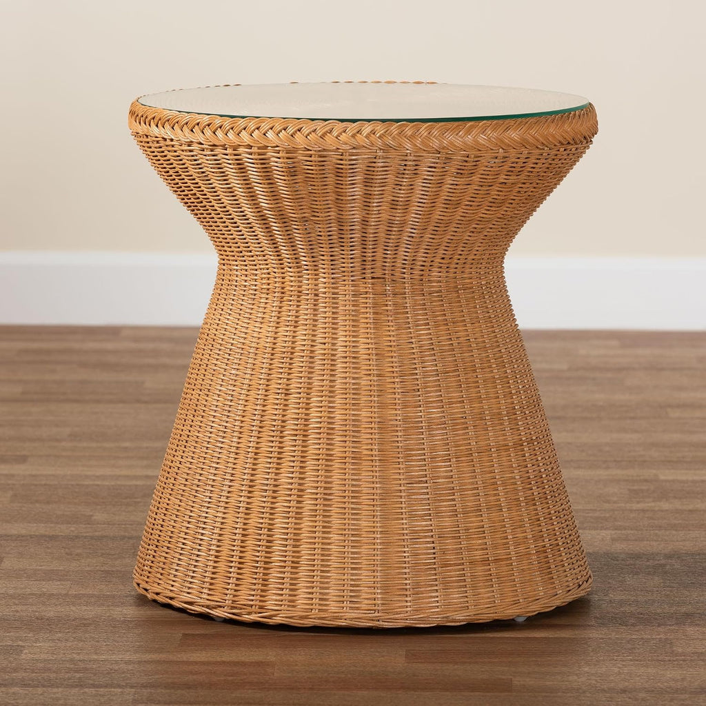 Handwoven Rattan Hourglass Glass Top Side Table