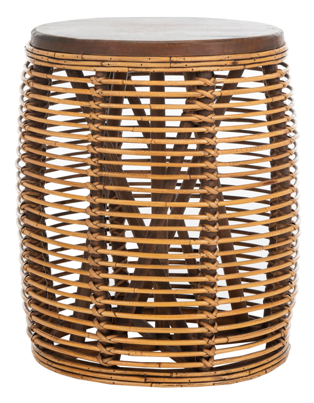 Grey Whitewash Woven Rattan Drum Side Table