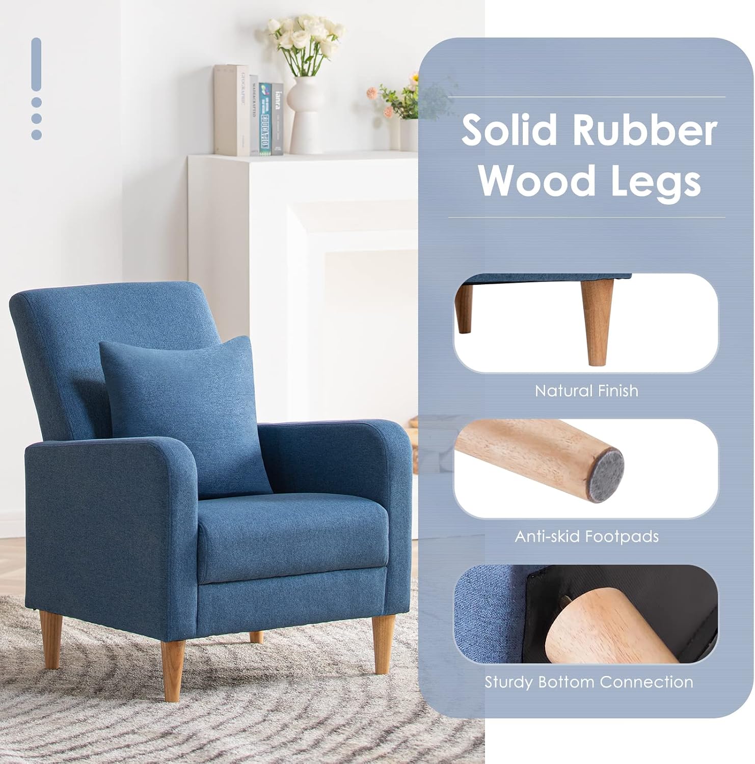 Fabric Wood Leg Accent Chair with Pillow Blue