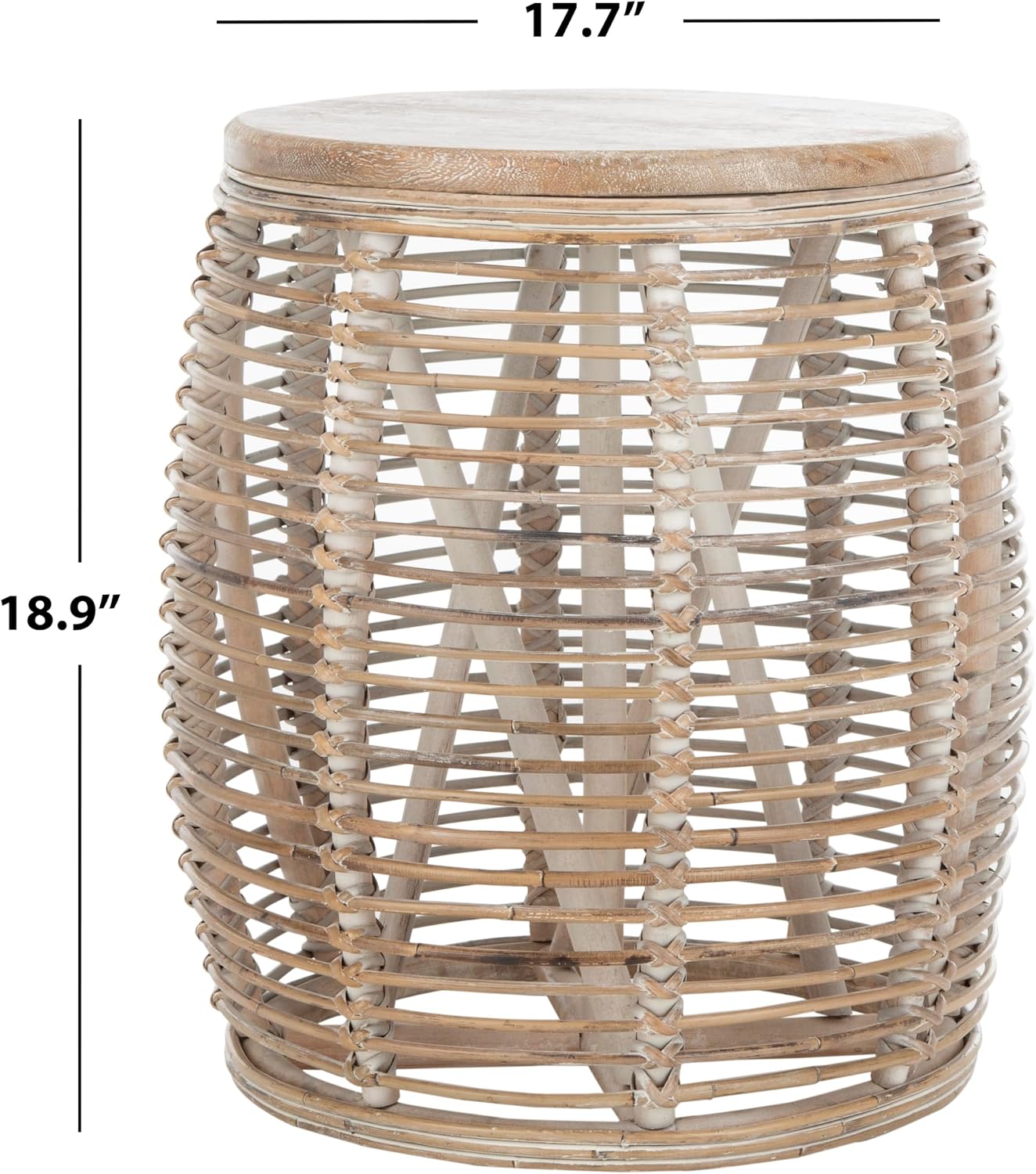 Grey Whitewash Woven Rattan Drum Side Table
