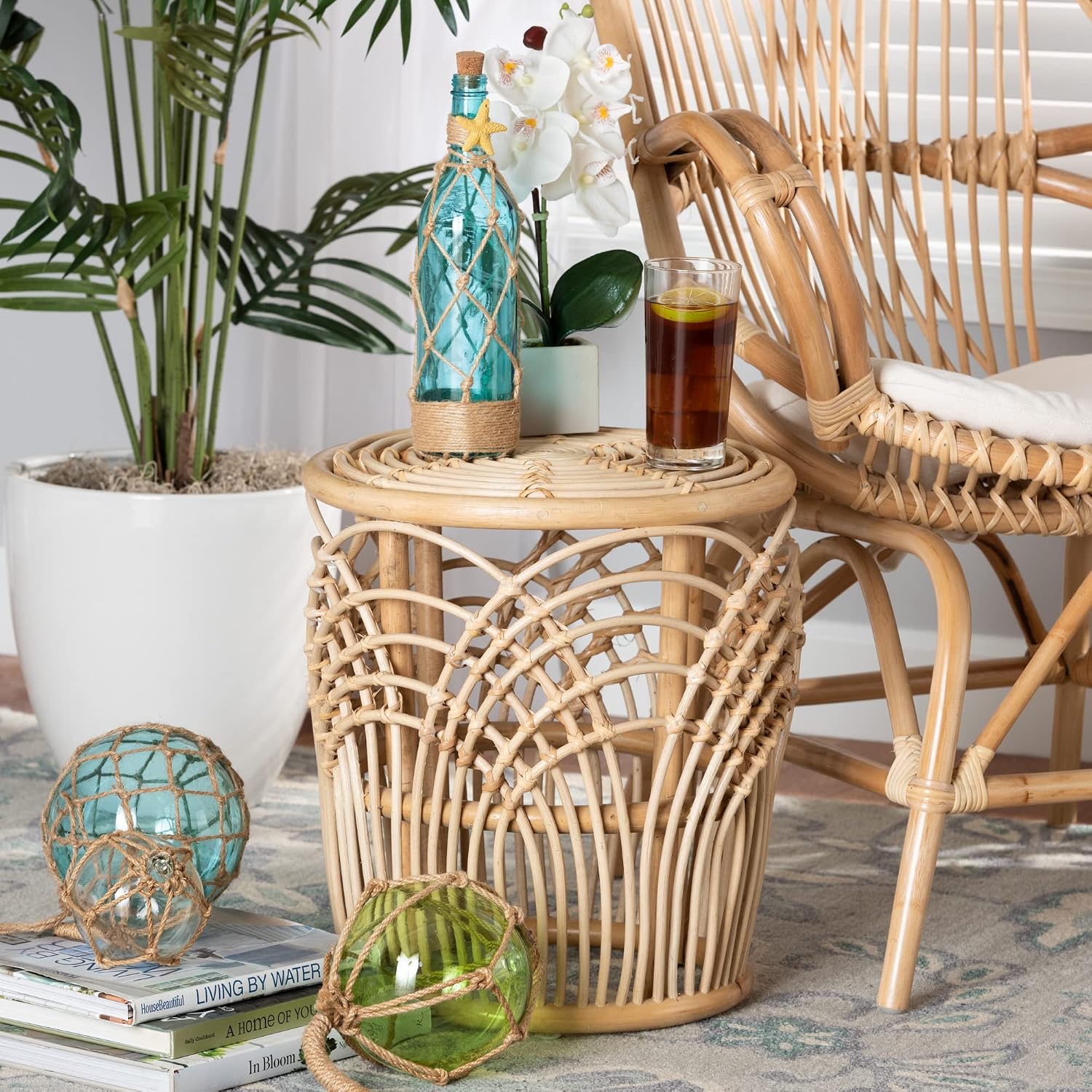 Modern Bohemian Natural Woven Rattan End Table