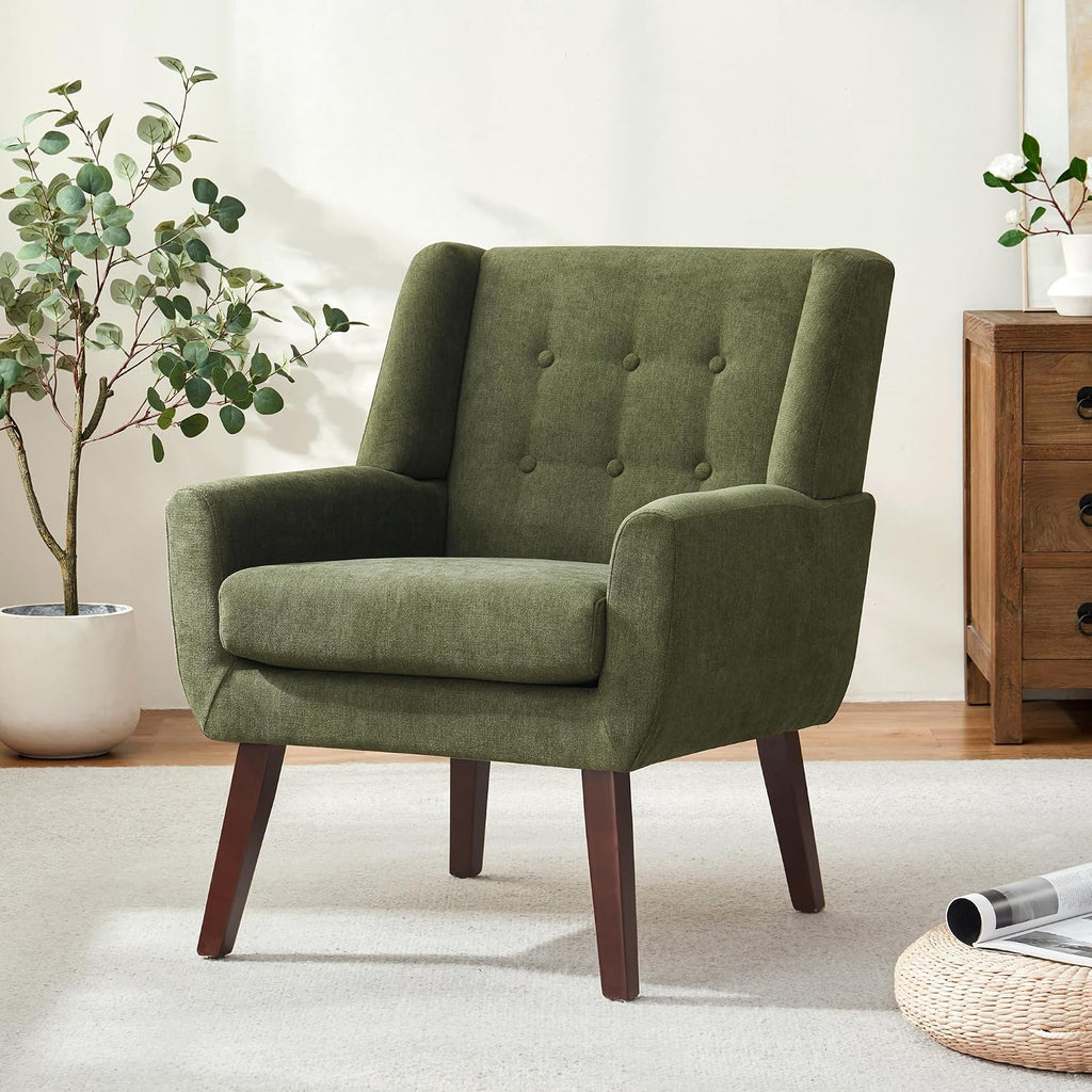 Mid Century Tufted Wood Leg Upholstered Accent Chair