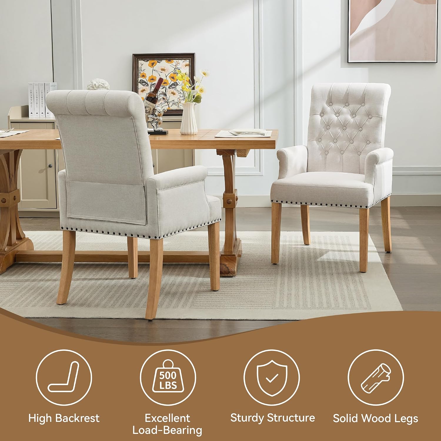 Tufted Nailhead Beige Fabric Arm Dining Chairs