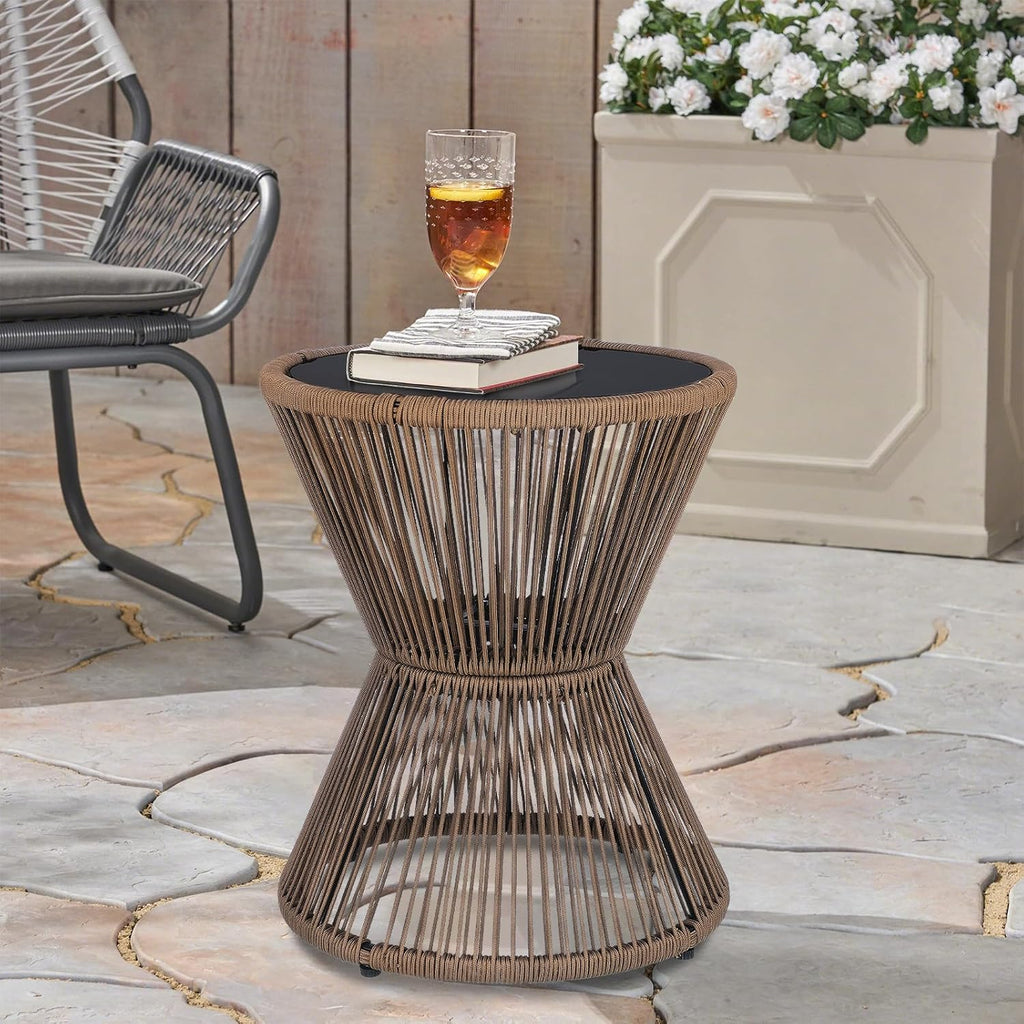 Woven Rope Hourglass Brown Glass Side Table