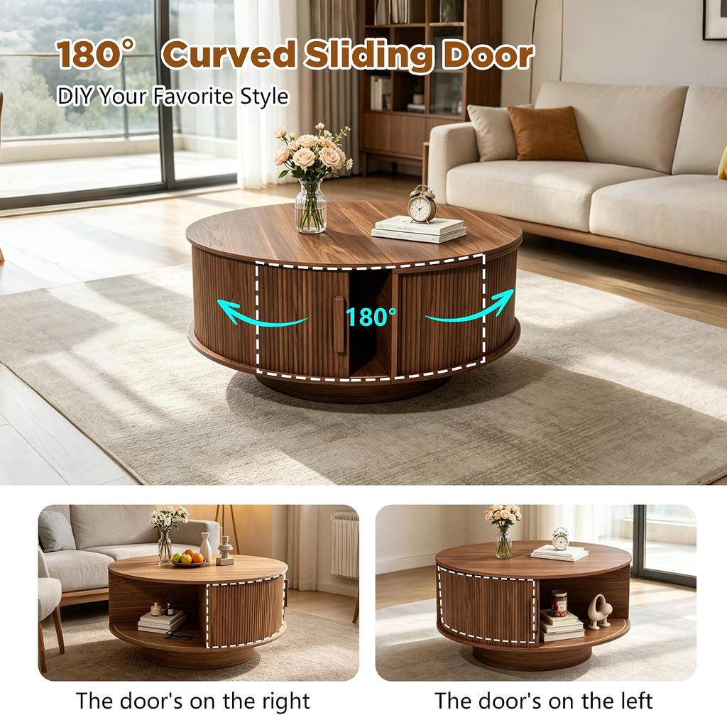 Walnut Fluted Round Lift Top Storage Coffee Table