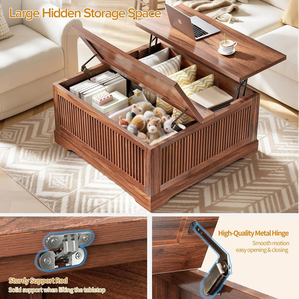 Walnut Fluted Square Lift Top Storage Coffee Table