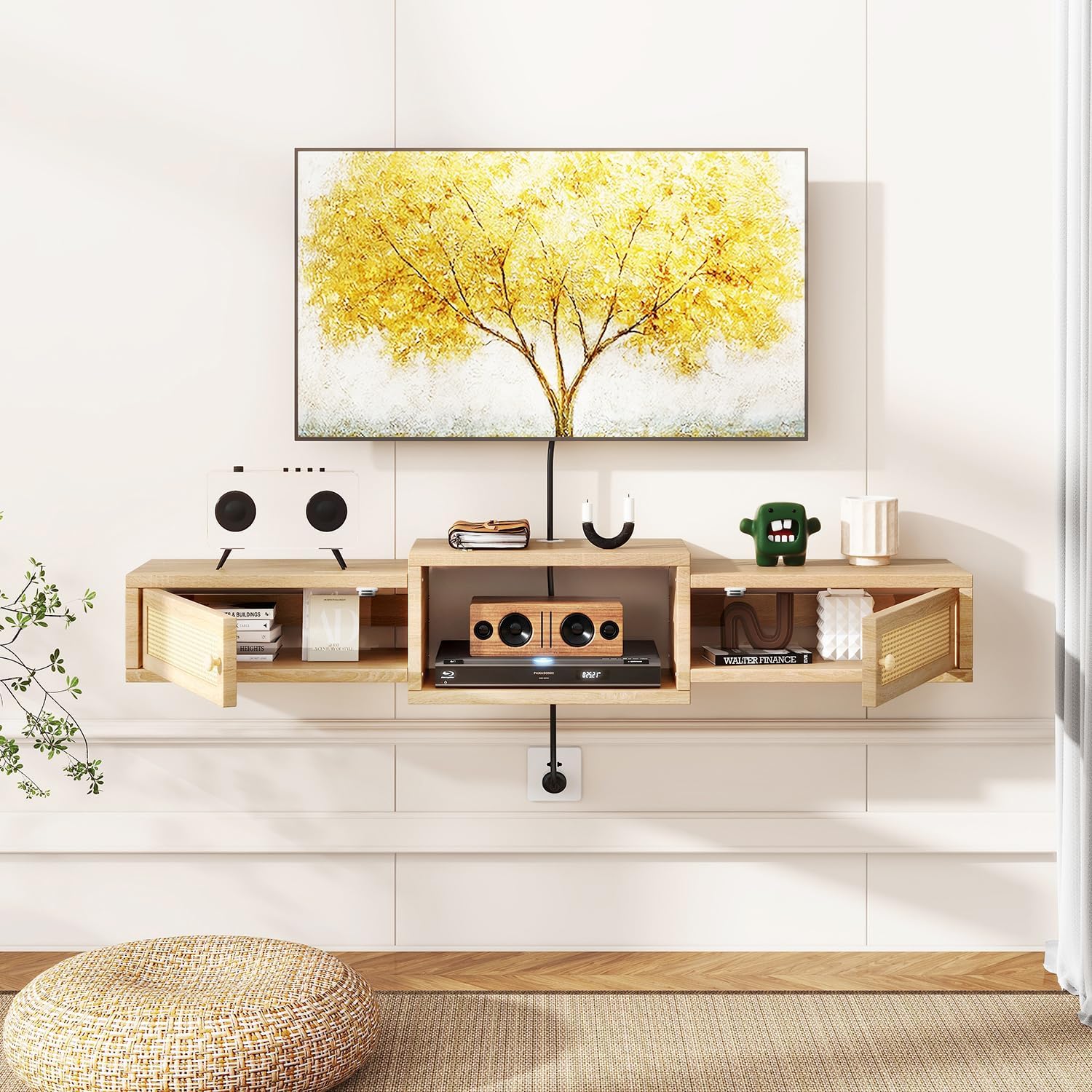 Natural Rattan Floating Storage TV Stand