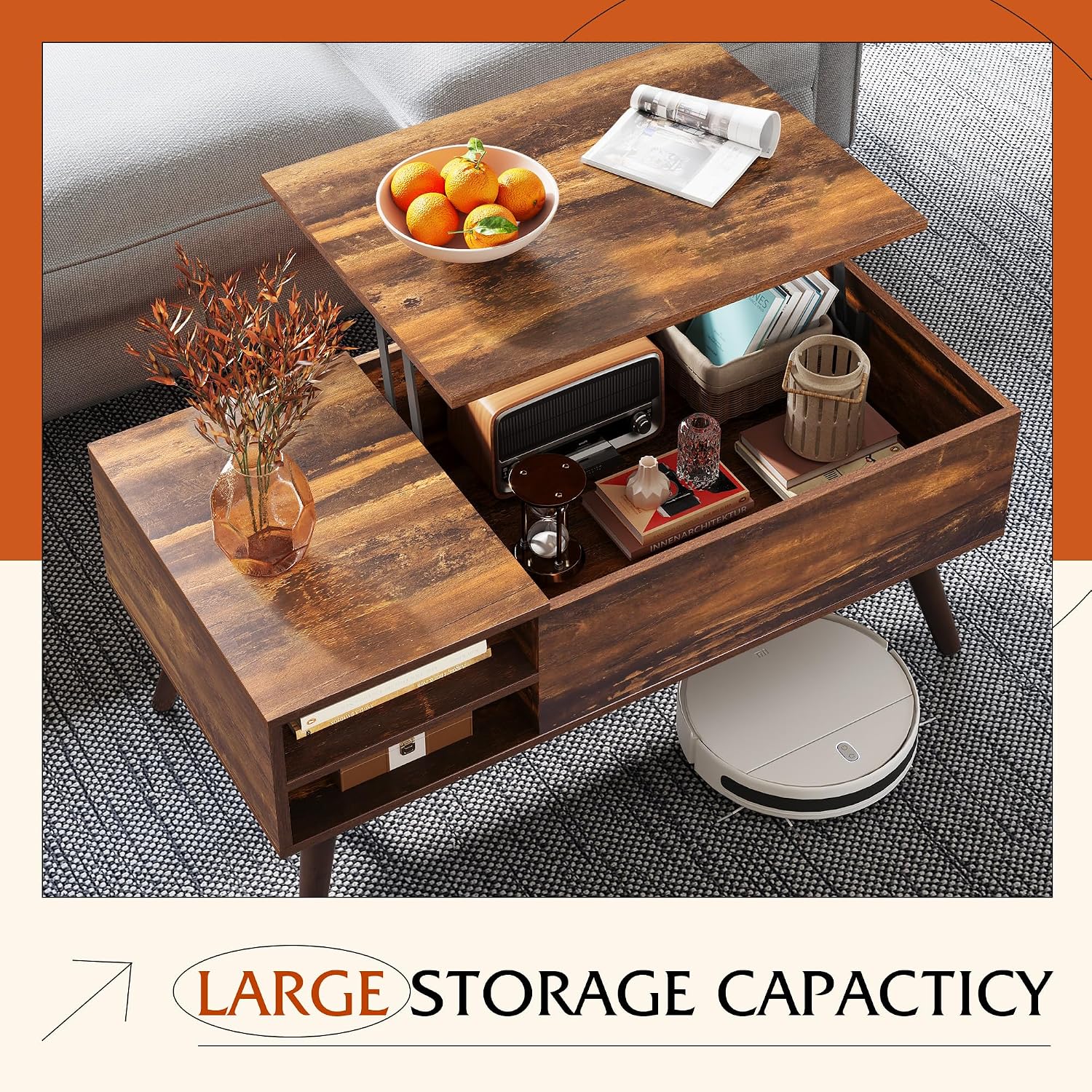 Brown Mid Century Lift Top Storage Coffee Table