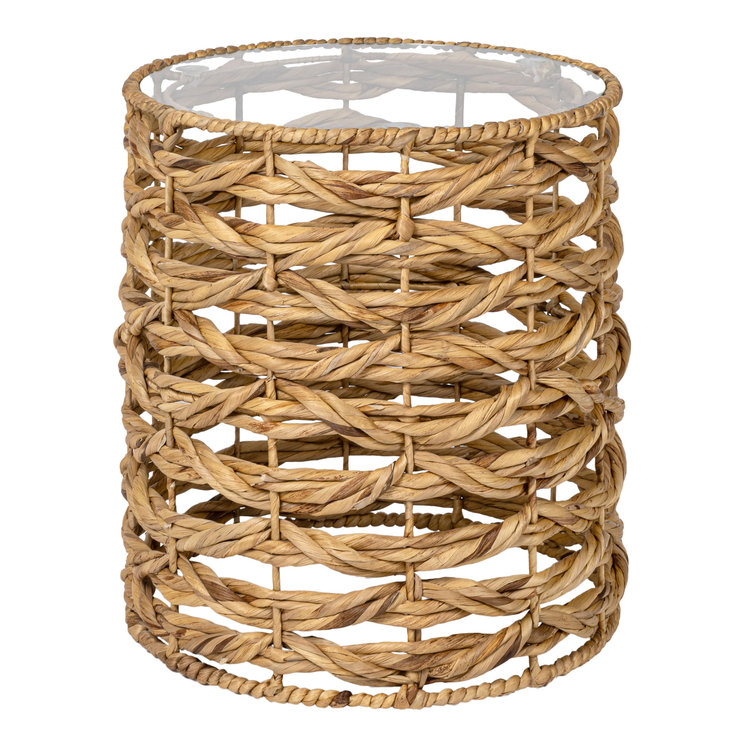 Handwoven Hyacinth Glass Top Round End Table