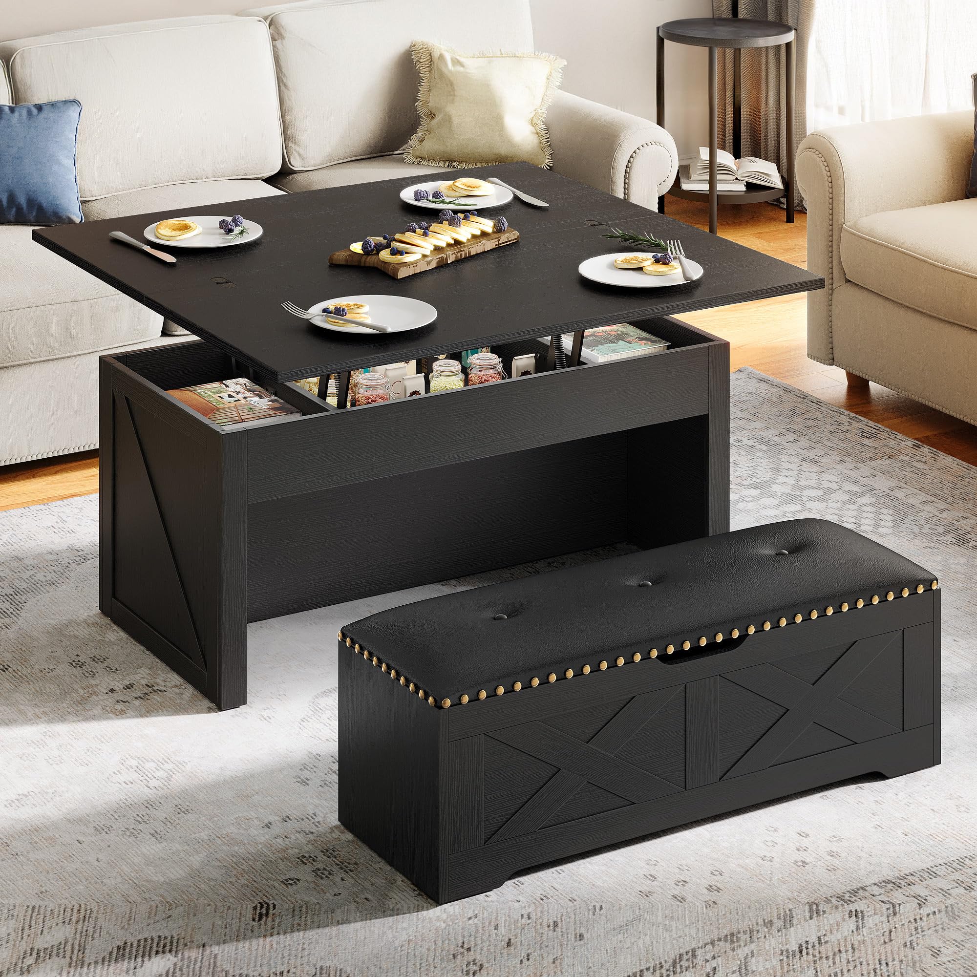 Walnut Convertible Lift Top Storage Coffee Table Set