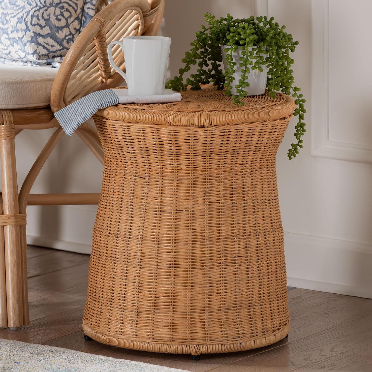 Handwoven Rattan Drum Honey Round End Table