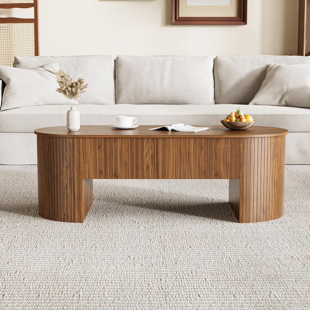 Walnut Oval Lift Top Hidden Storage Coffee Table