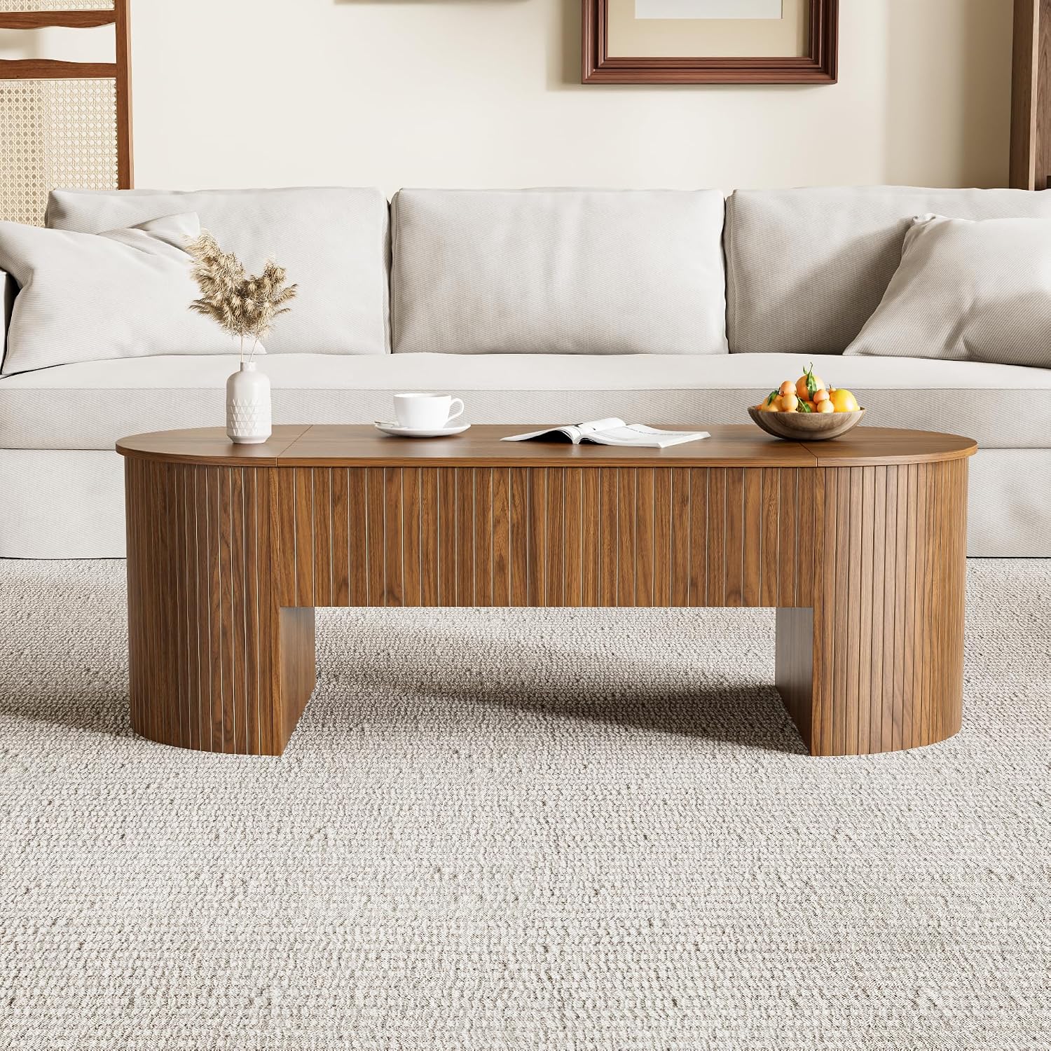Walnut Oval Lift Top Hidden Storage Coffee Table