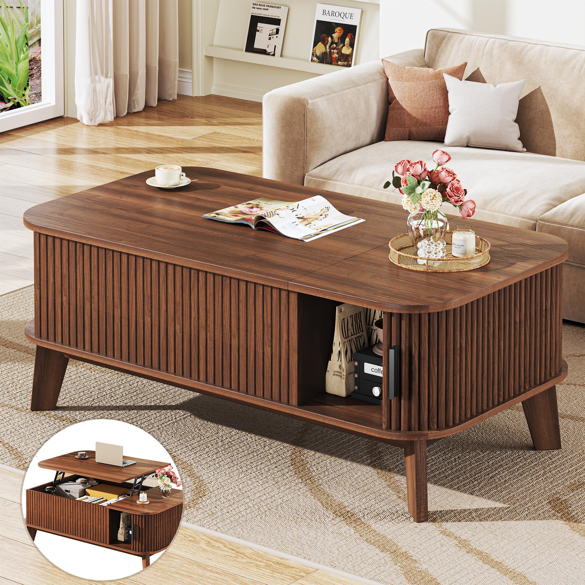 White Farmhouse Lift Top Storage Coffee Table Set