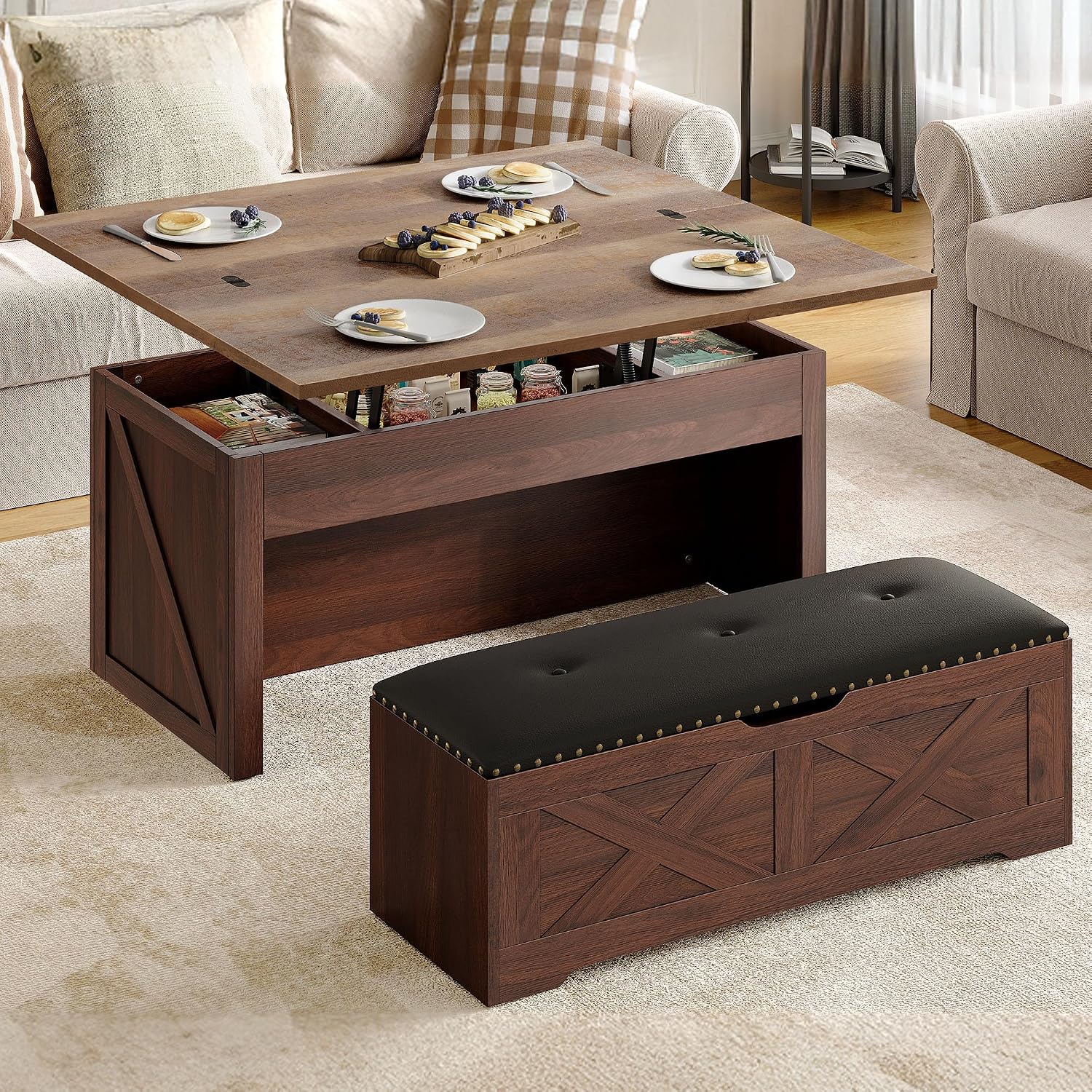 Walnut Convertible Lift Top Storage Coffee Table Set