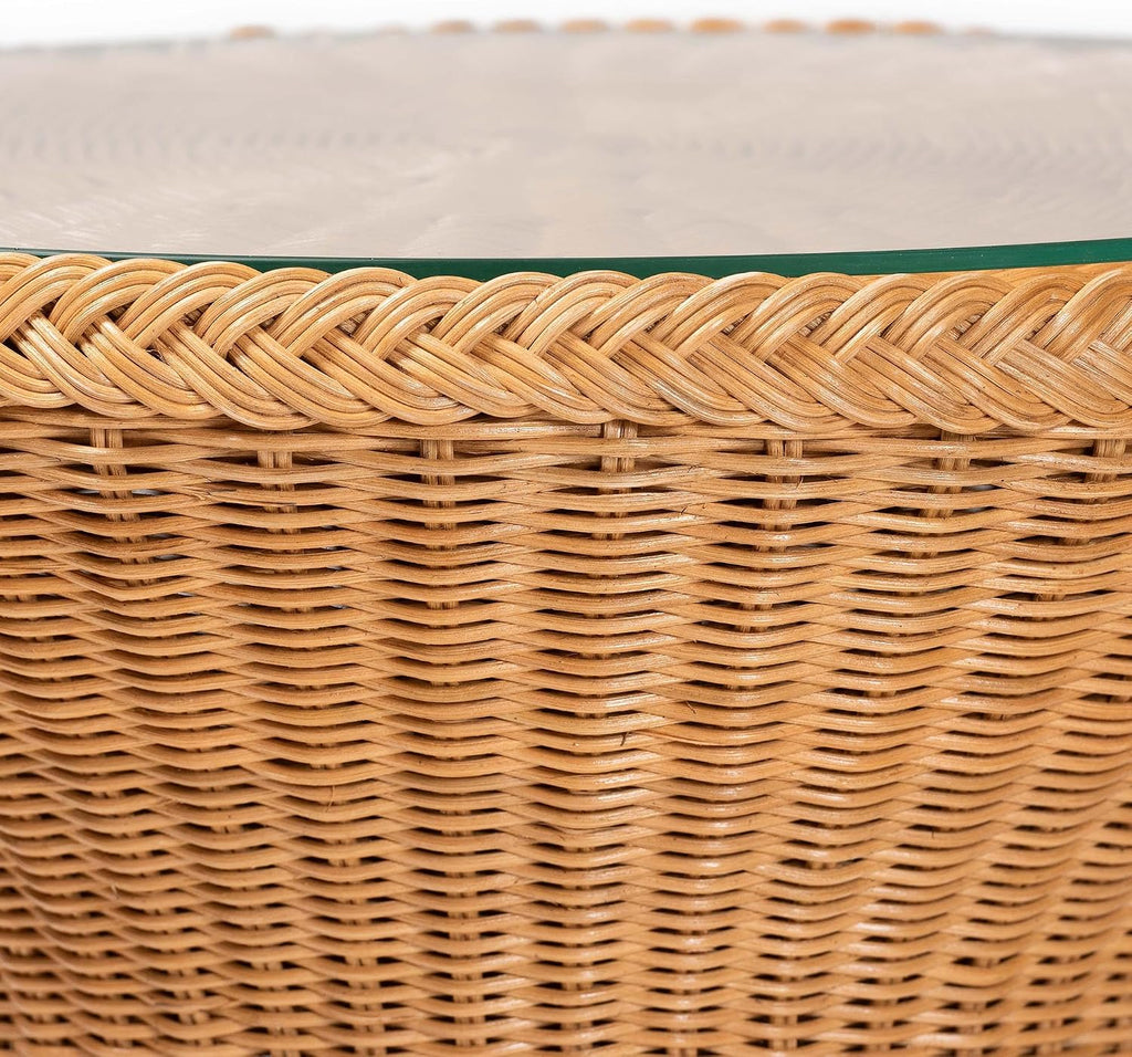 Handwoven Rattan Hourglass Glass Top Side Table