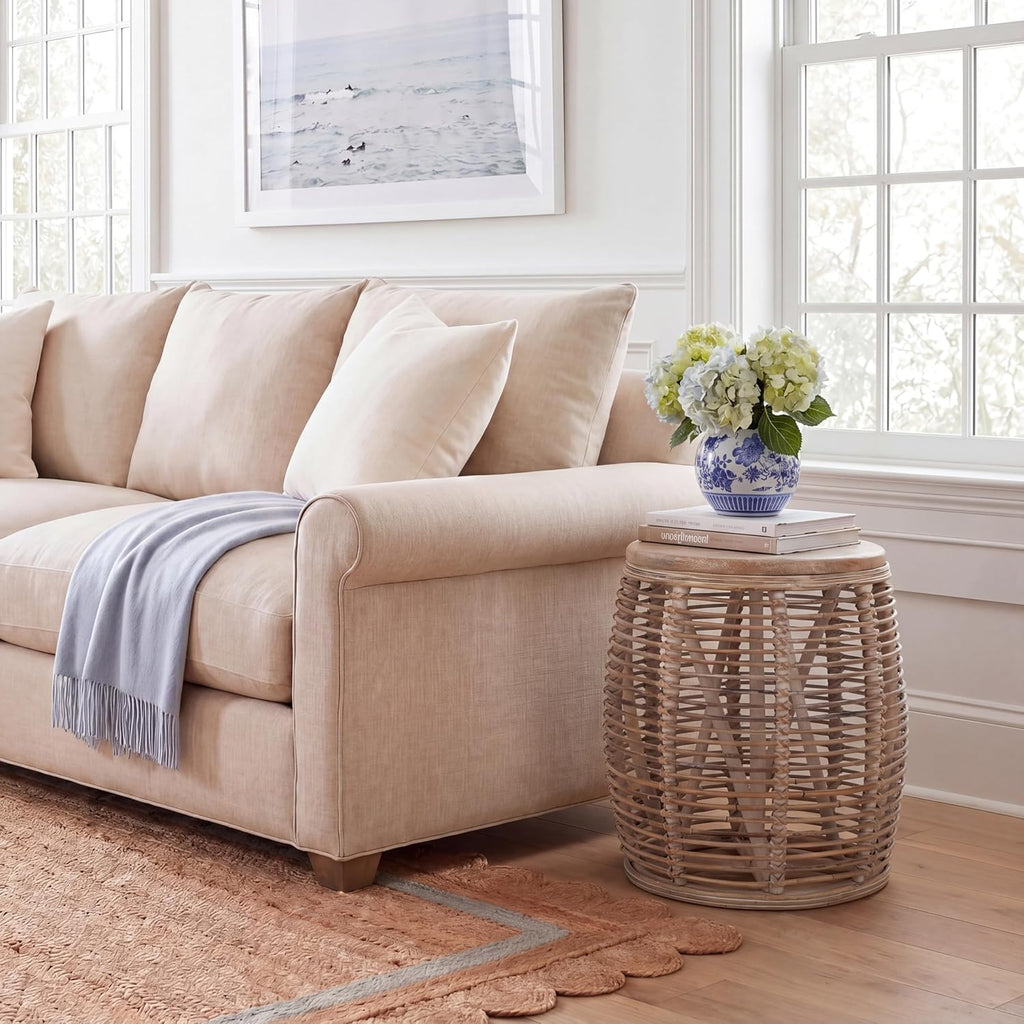 Grey Whitewash Woven Rattan Drum Side Table