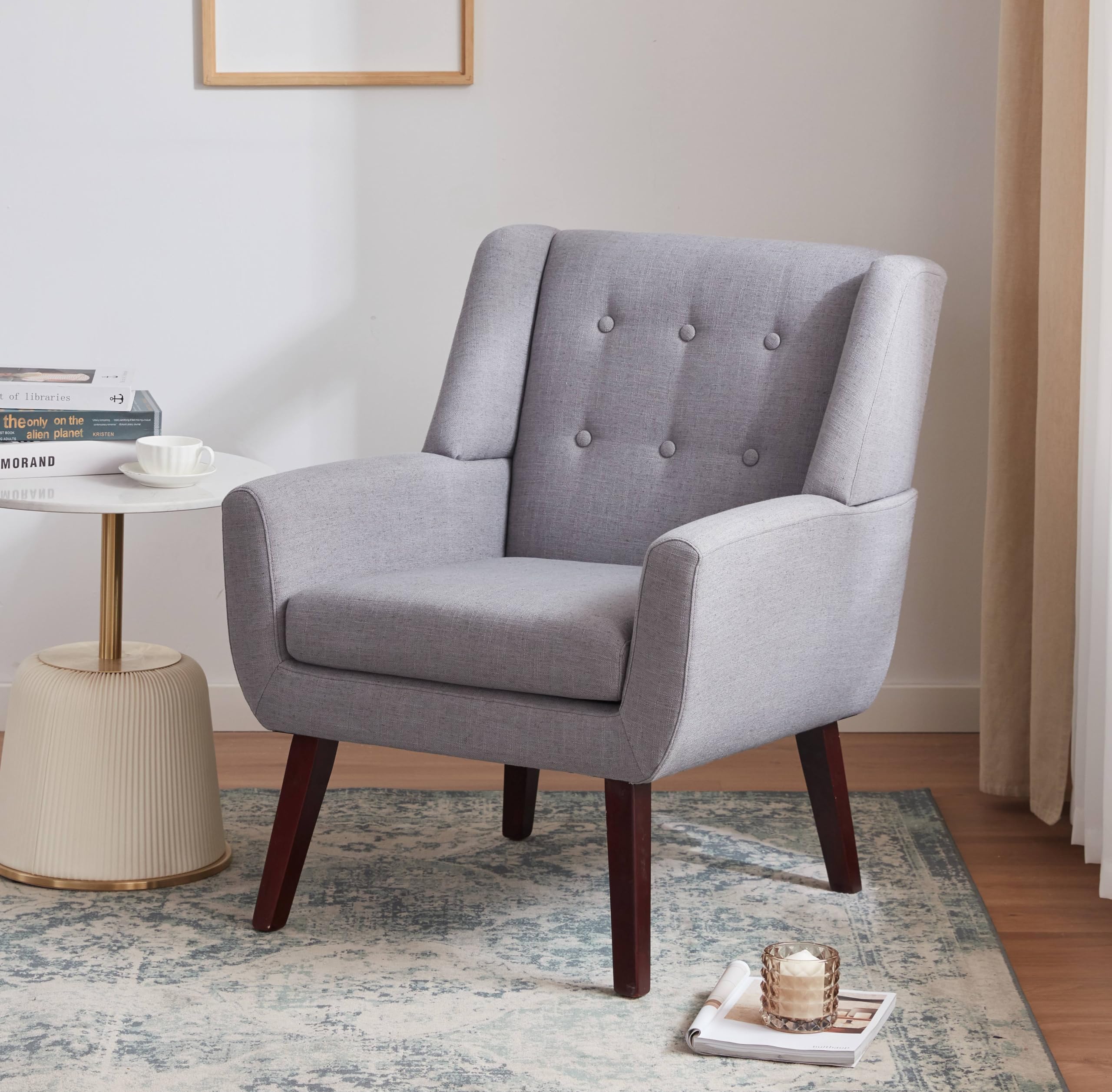 Mid Century Tufted Wood Leg Upholstered Accent Chair