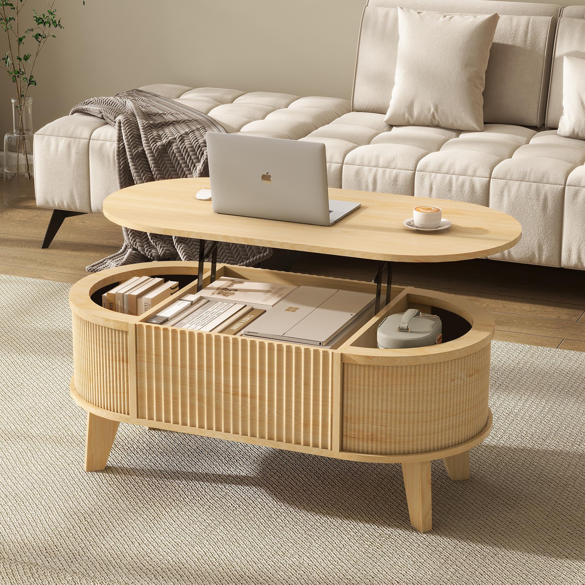 Walnut Fluted Oval Lift Top Storage Coffee Table