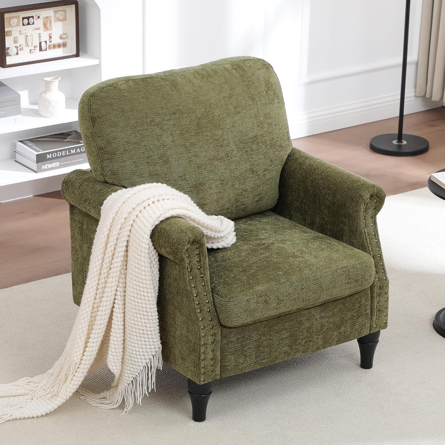 Mid Century High Back Green Wood Leg Accent Chair