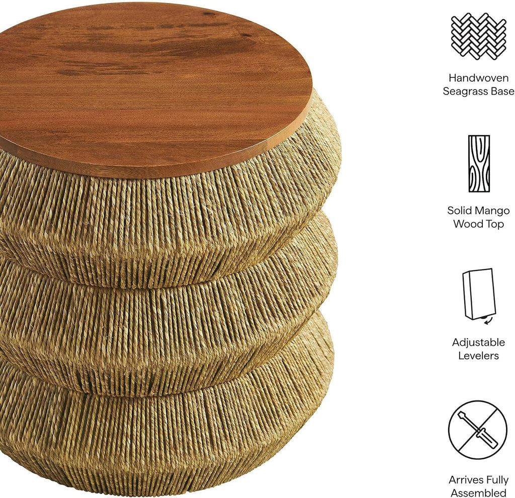 Hand Woven Seagrass Round Walnut Side Table