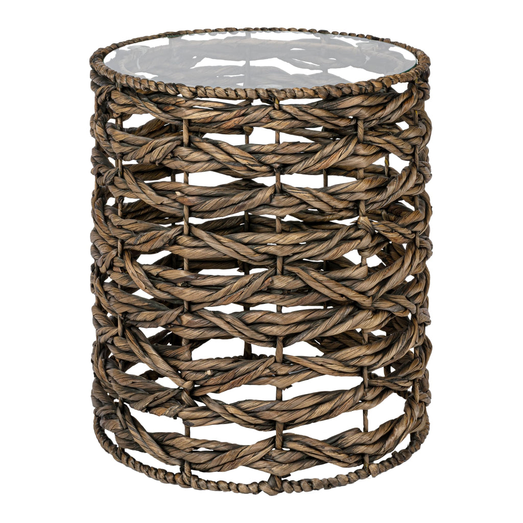 Handwoven Hyacinth Glass Top Round End Table