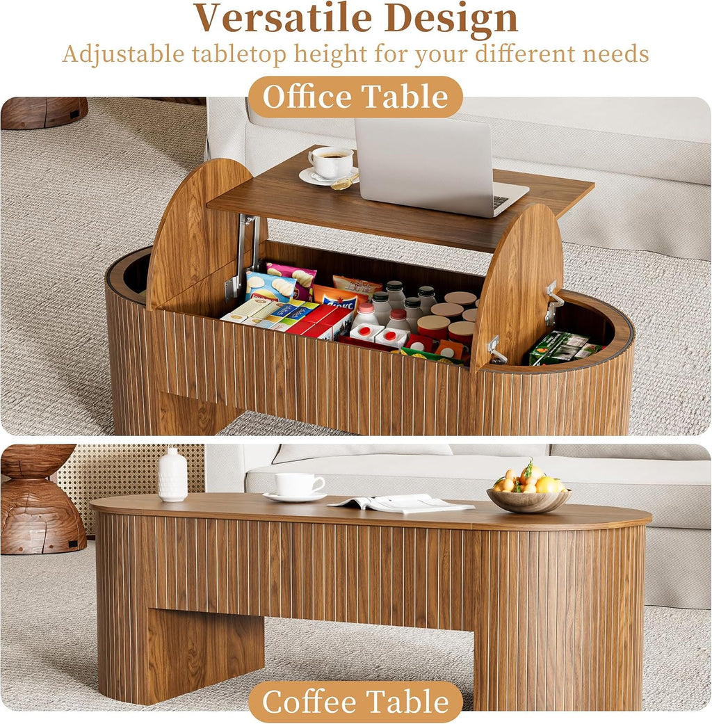 Walnut Oval Lift Top Hidden Storage Coffee Table