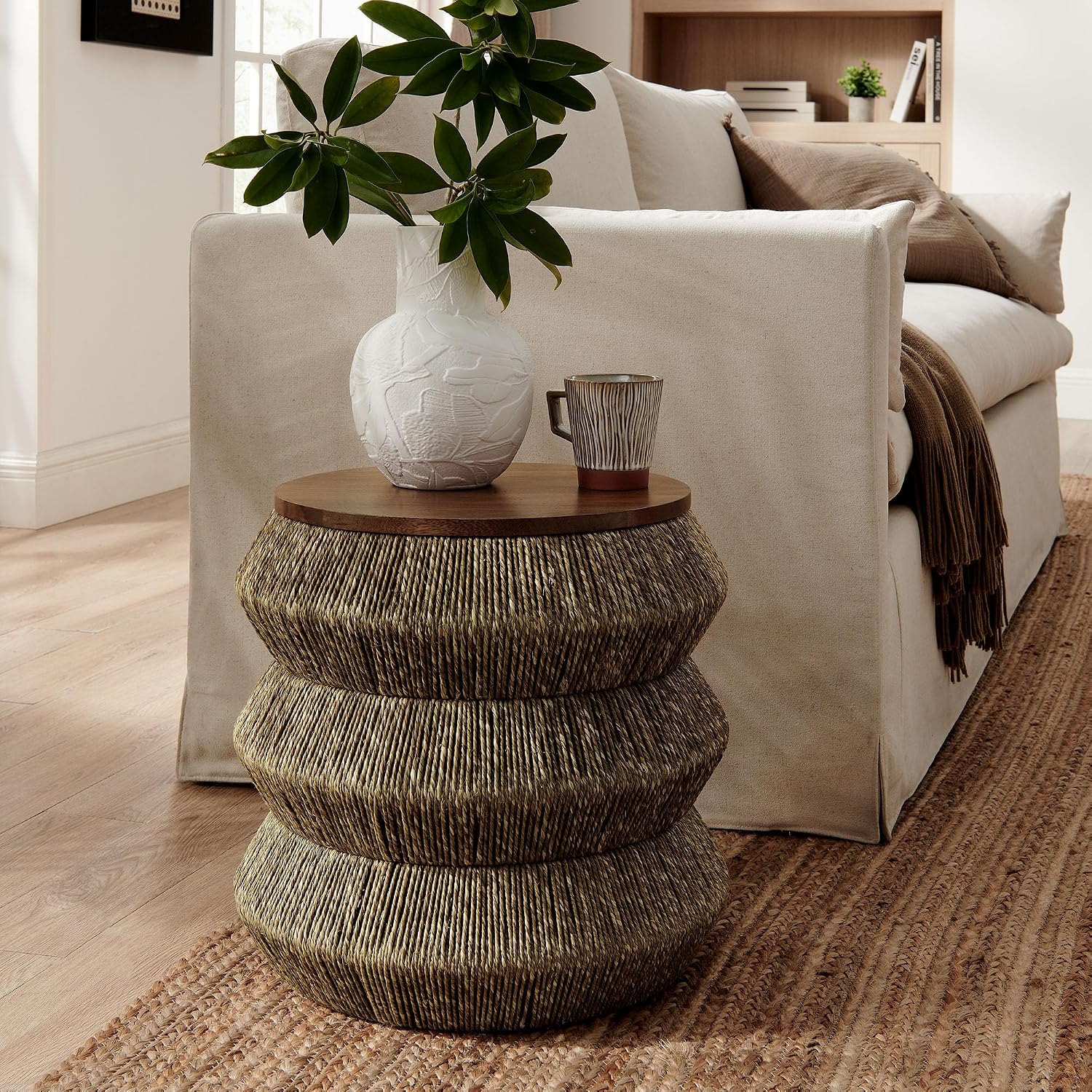 Hand Woven Seagrass Round Walnut Side Table