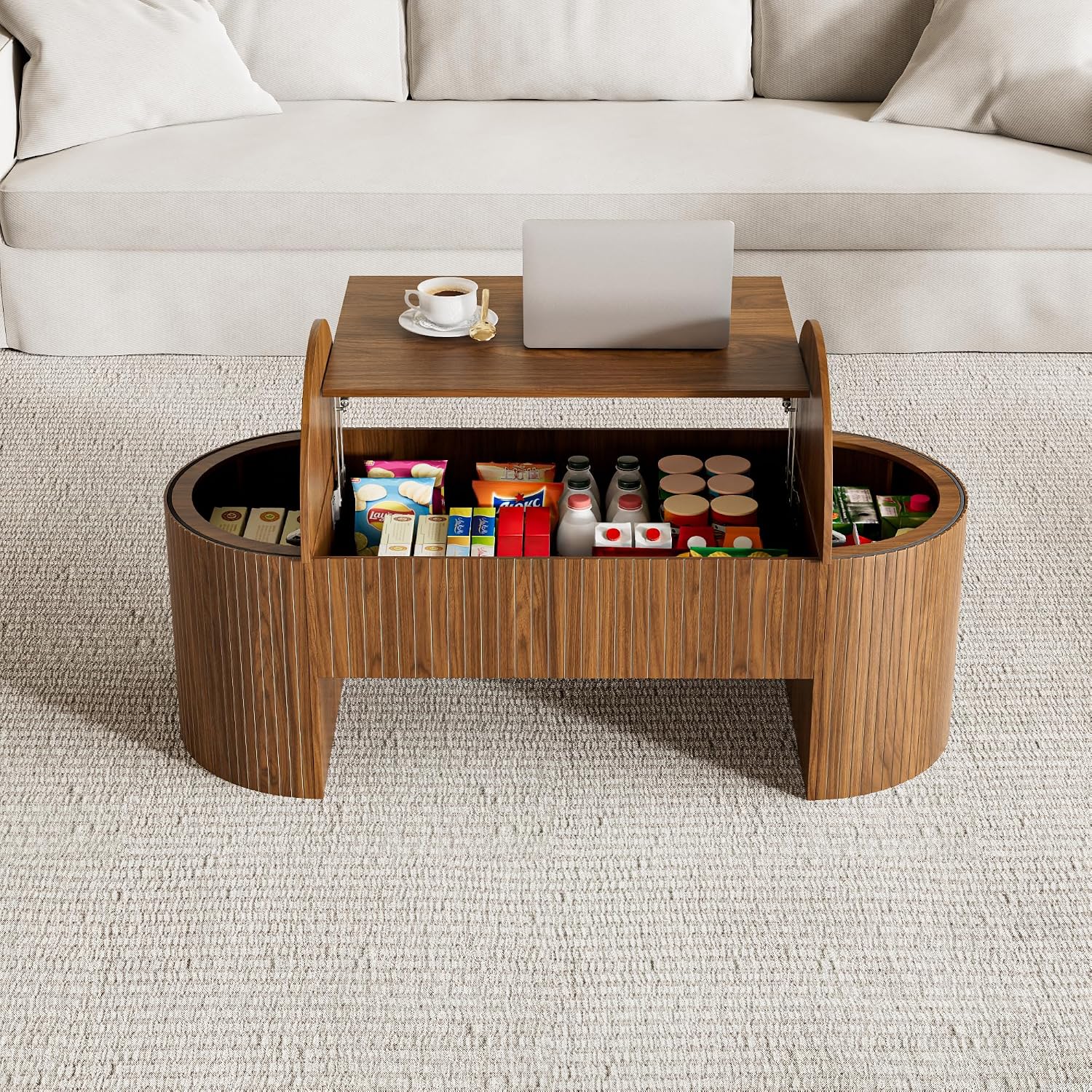 Walnut Oval Lift Top Hidden Storage Coffee Table