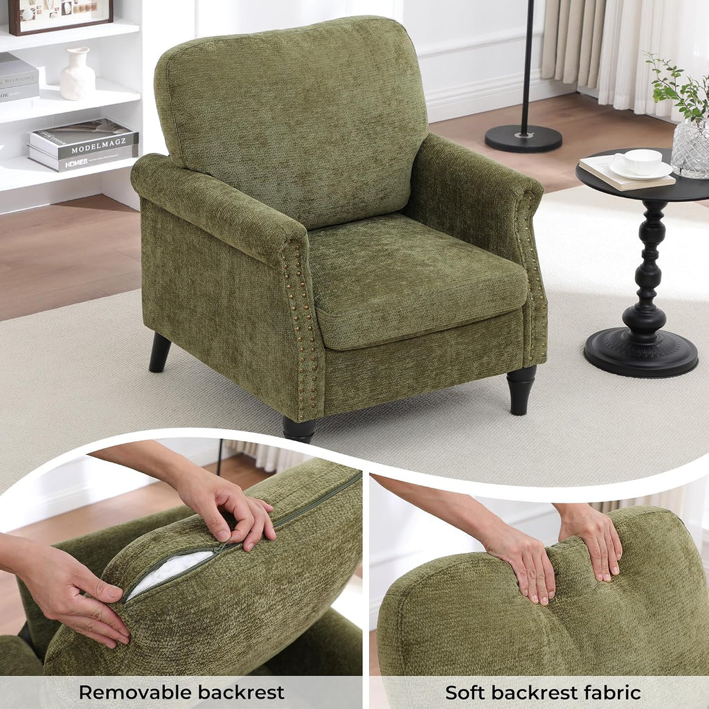Mid Century High Back Green Wood Leg Accent Chair