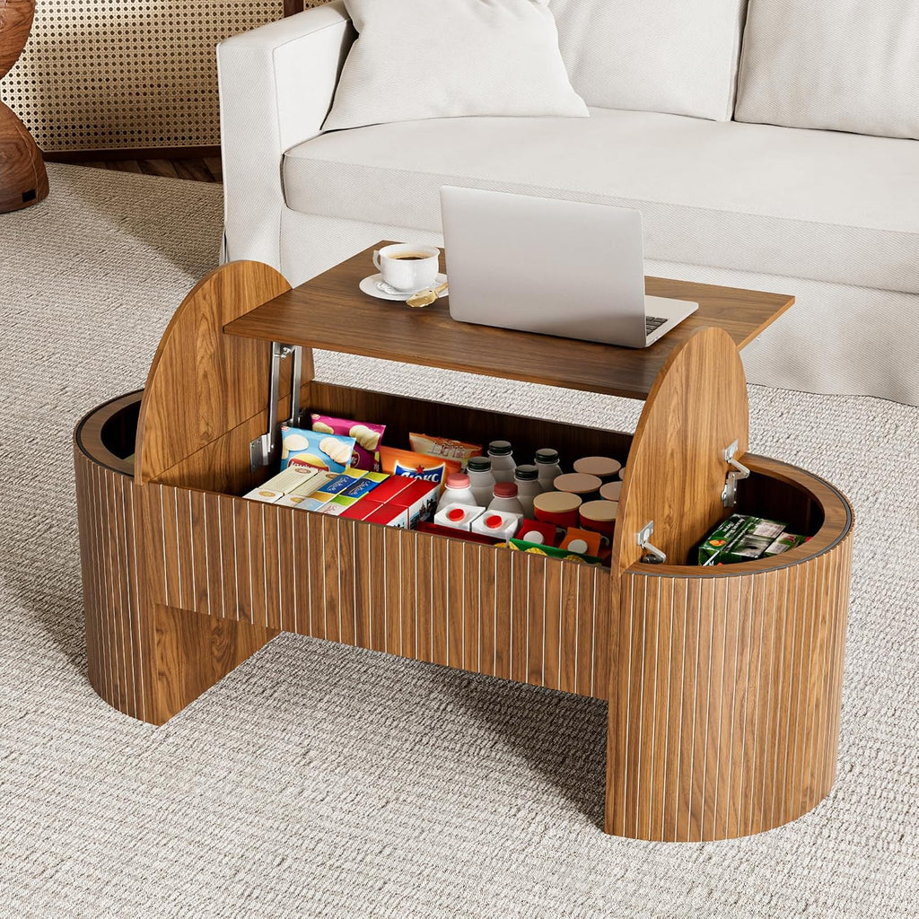 Walnut Oval Lift Top Hidden Storage Coffee Table