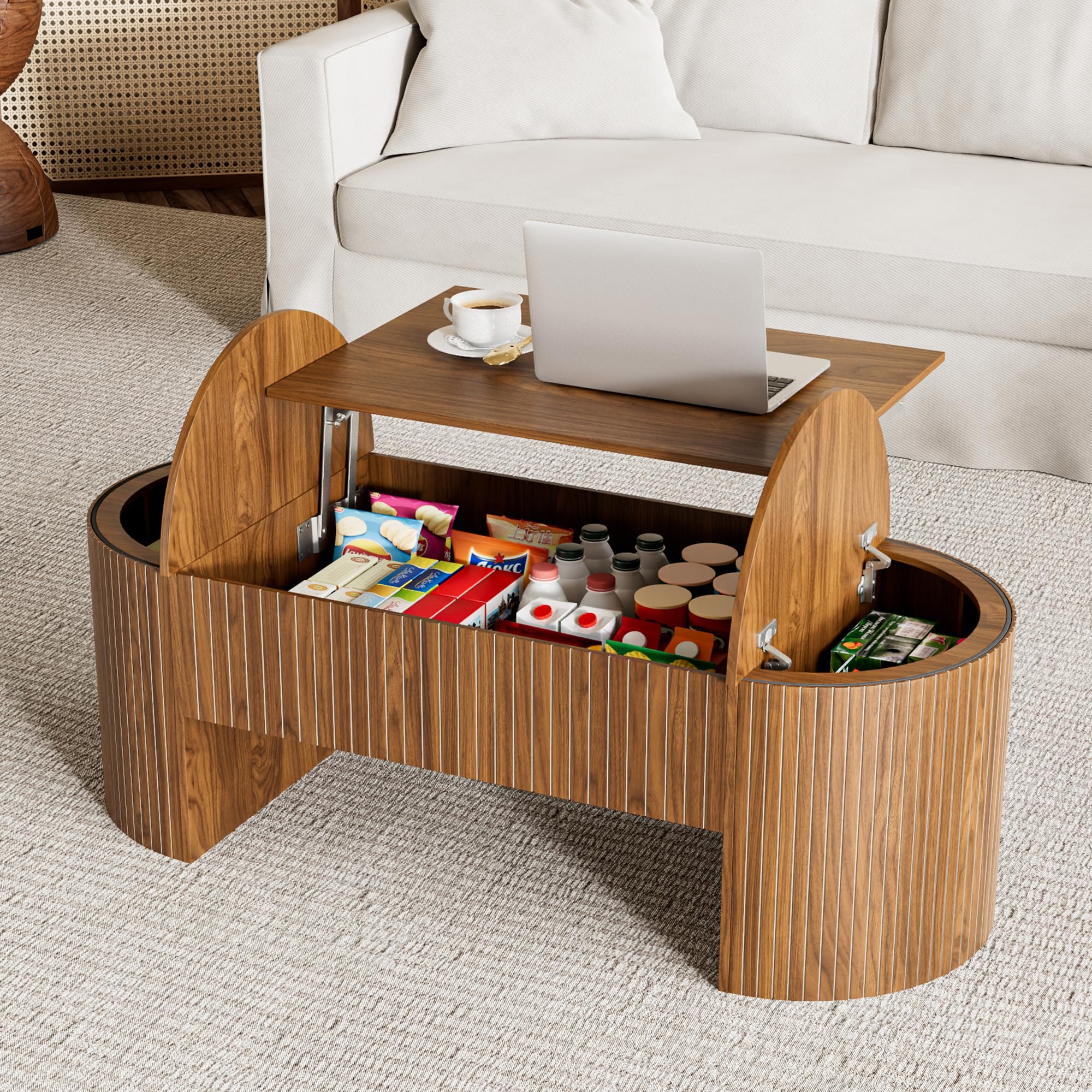 Walnut Oval Lift Top Hidden Storage Coffee Table