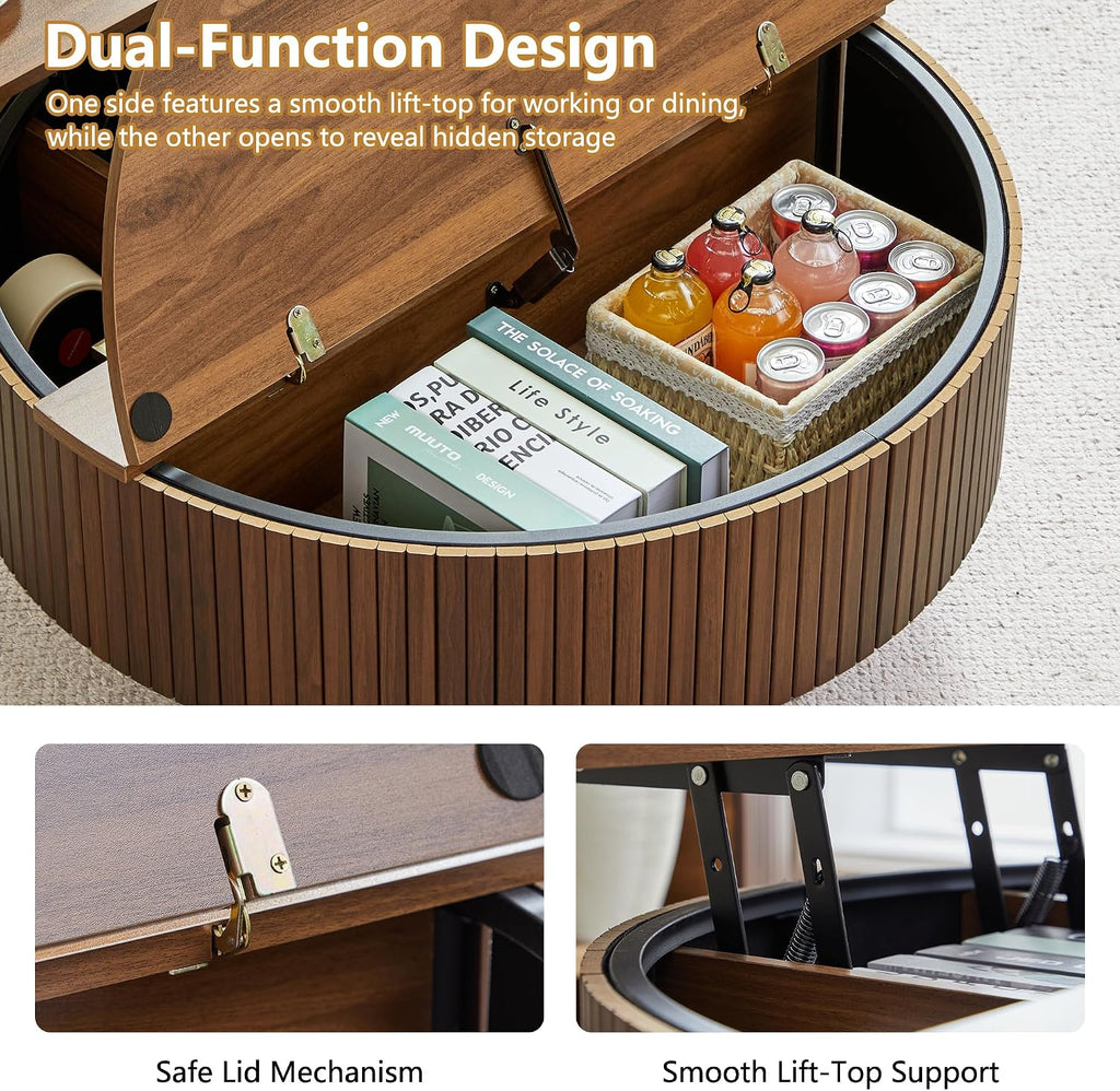 Walnut Fluted Round Lift Top Metal Frame Coffee Table