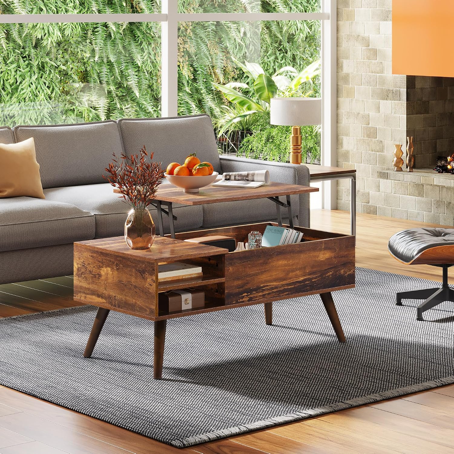 Brown Mid Century Lift Top Storage Coffee Table