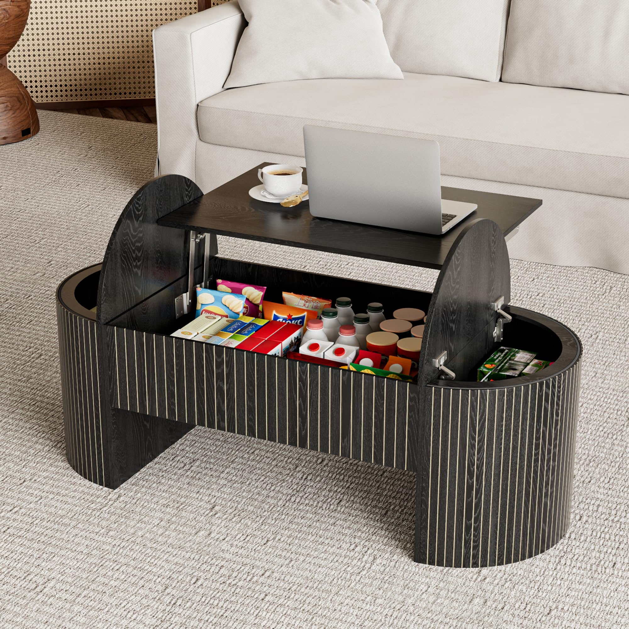 Walnut Oval Lift Top Hidden Storage Coffee Table