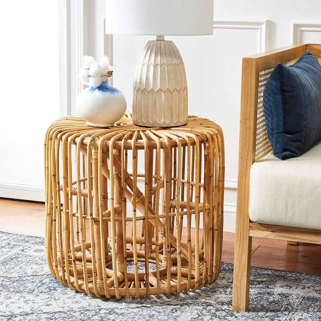 Natural Rattan Round Drum Coastal Accent Table